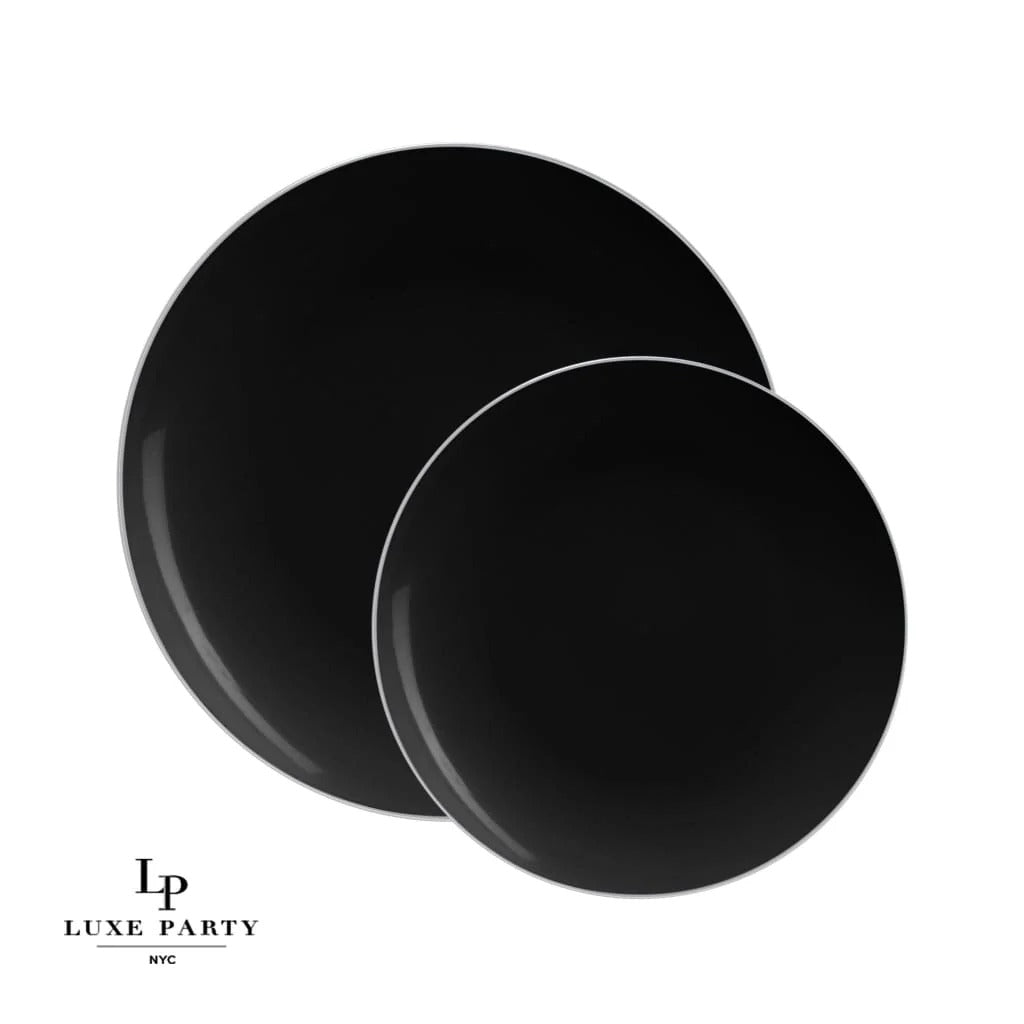 Black and Silver Rim Round Plastic Plates - Eco-Friendly Disposable Dinnerware for Parties, Picnics, and Outdoor Events