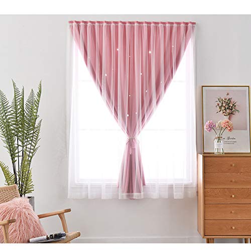 Blackout Curtains with Hollow Star Design - Pink French Door Panel Lace Window Drapes for Bedroom, Living Room & Patio | No Drilling Required, Easy Installation | Perfect for Privacy, Light Control & Home Decor