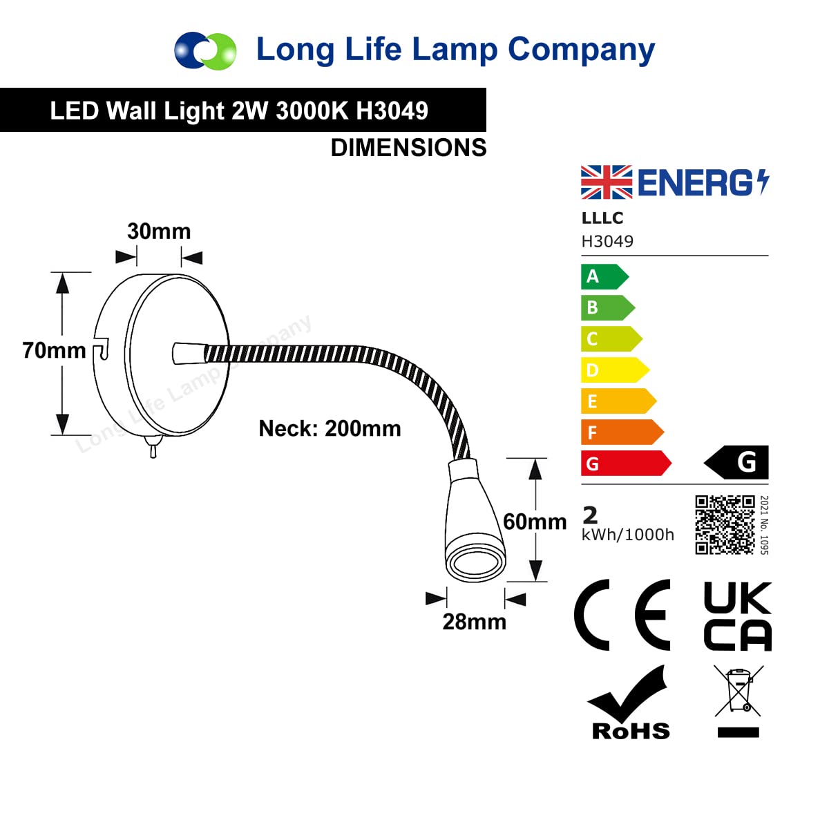 Long Life Lamp LED Bedside Reading Light - Wall Mounted, Flexible Arm, Brushed Chrome, 3000k Warm White, H3049 - Perfect for Nighttime Reading and Relaxation