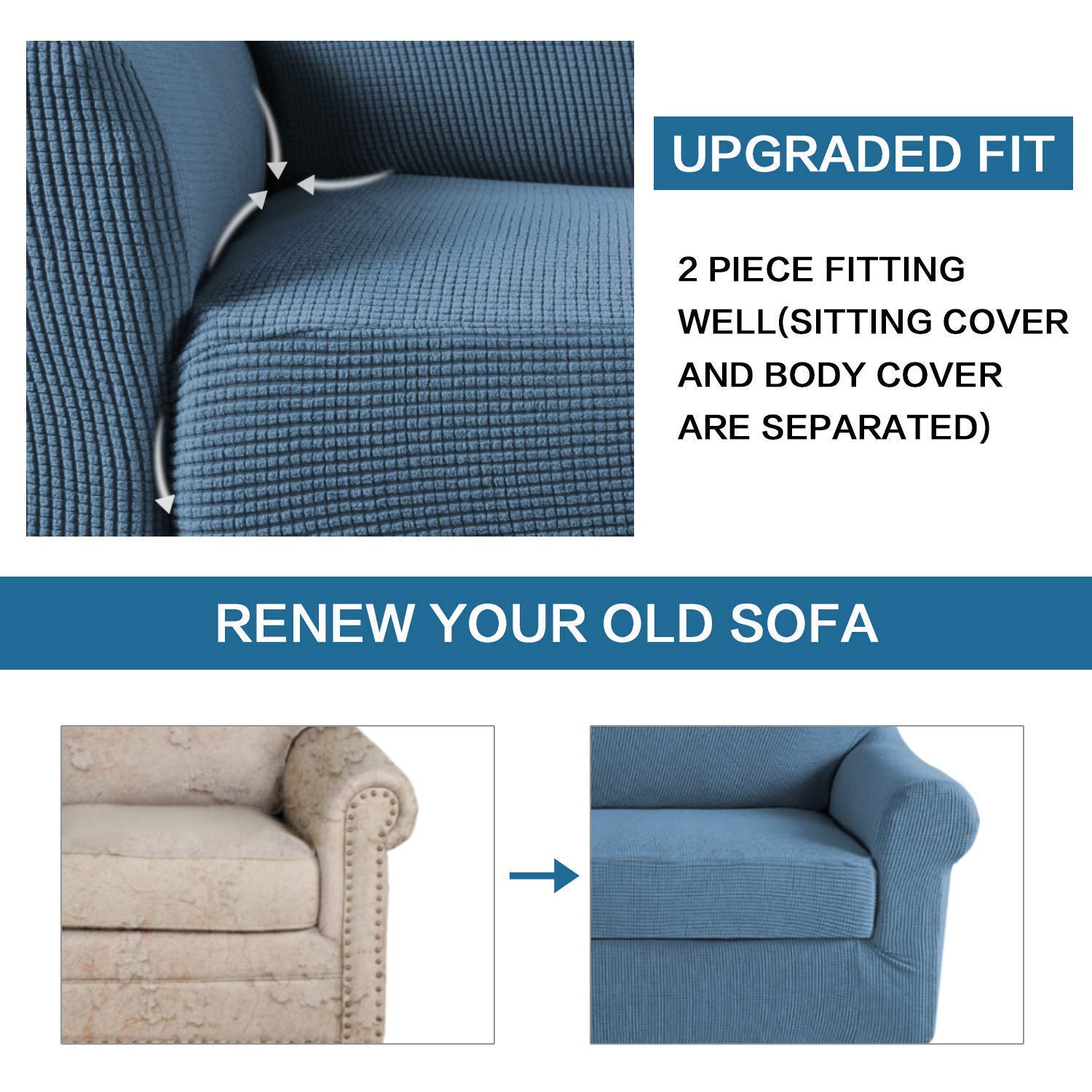 H.VERSAILTEX Stretch Loveseat Cover Sofa Slipcover - Plaid Pattern Furniture Protector, Dusty Blue | Removable & Washable | Perfect for Living Room, Apartment, Dorm Decor