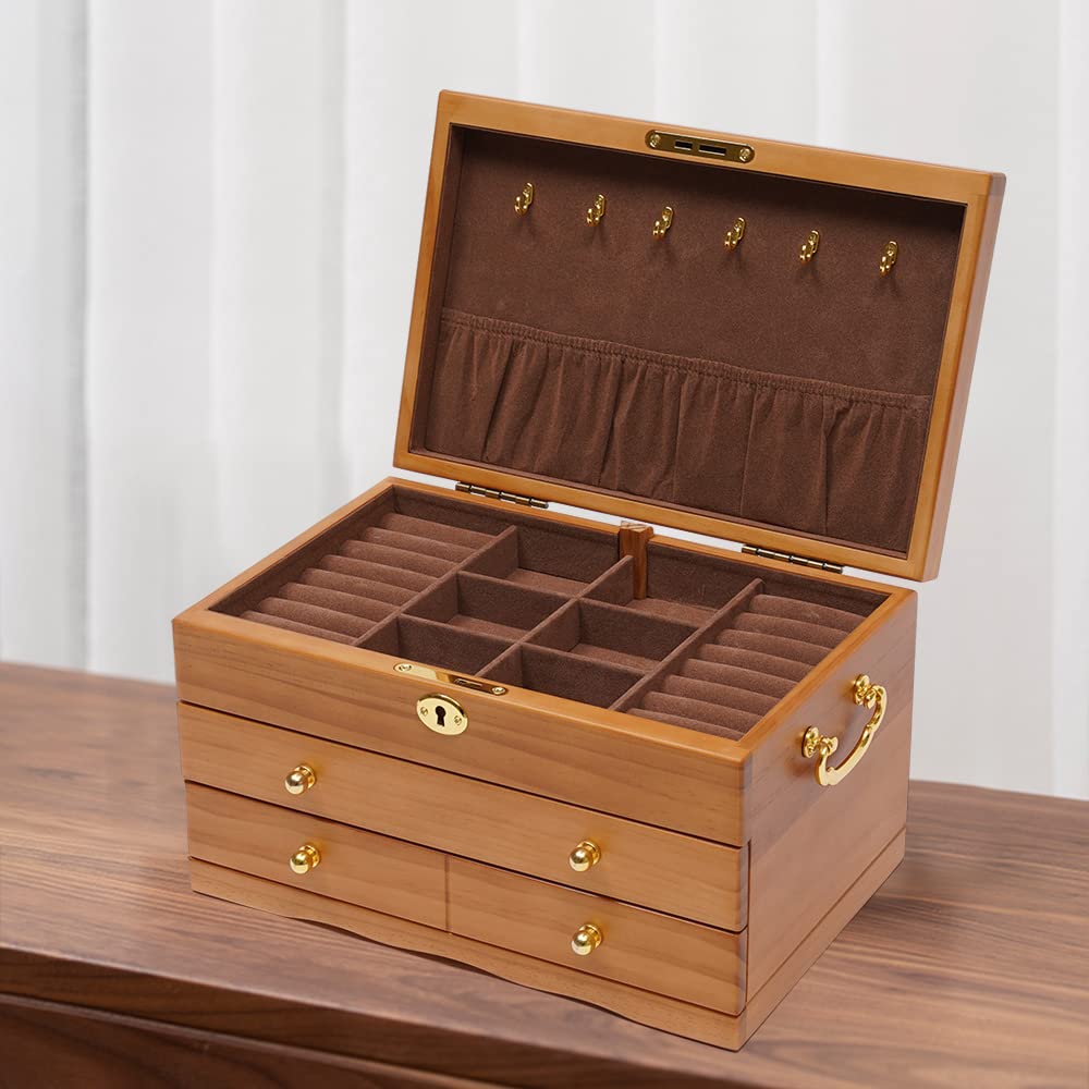 Vintage Wooden Jewelry Box with Lock & Hangers - Large 3-Layer Jewelry Organizer for Earrings, Necklaces, Bracelets - Display Case with 2 Drawers - Perfect for Bedroom, Dressing Table & Gift Giving