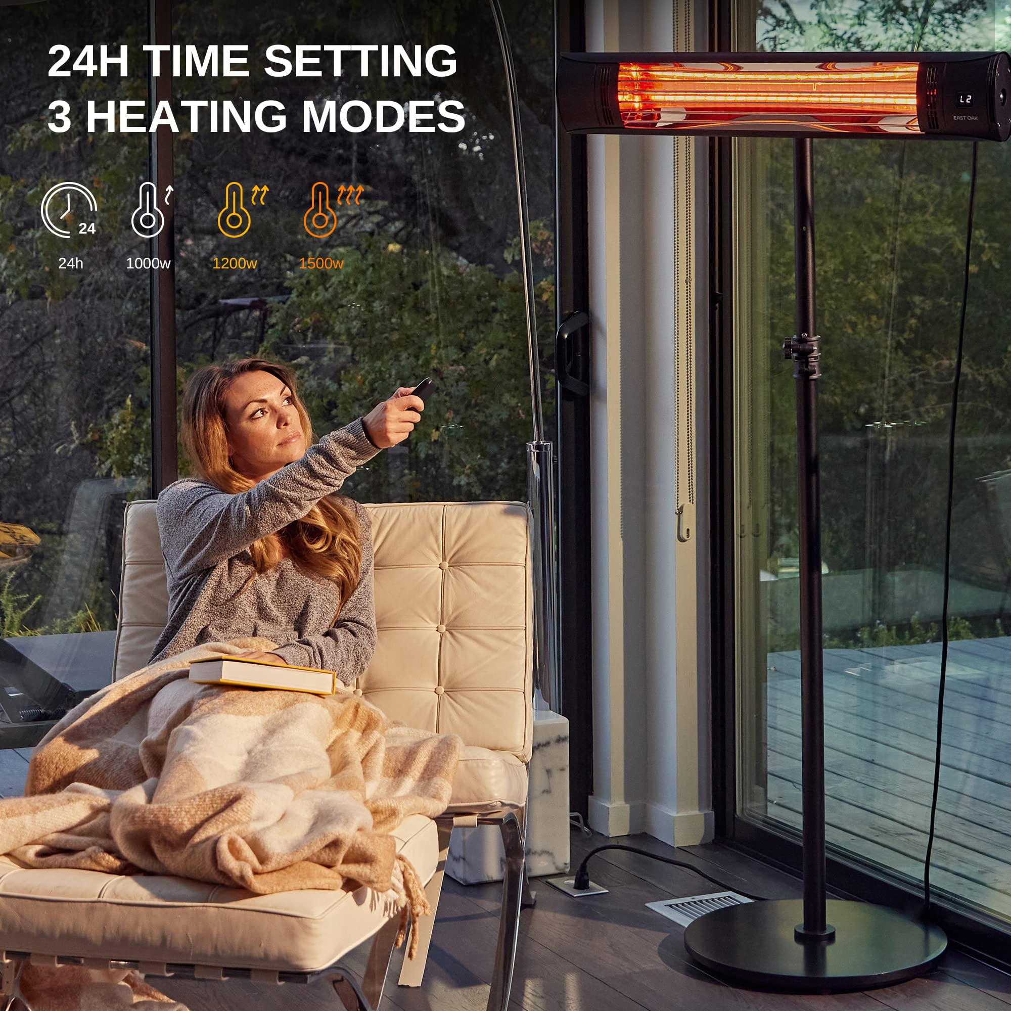 EAST OAK 1500W Indoor Outdoor Electric Patio Heater - Wall Mount & Standing Infrared Heater with IP65 Waterproof, Overheat Protection, Tip-Over Safety, 3 Heat Settings & 24H Timer - Perfect for Patio, Deck, Garage & Winter Outdoor Heating