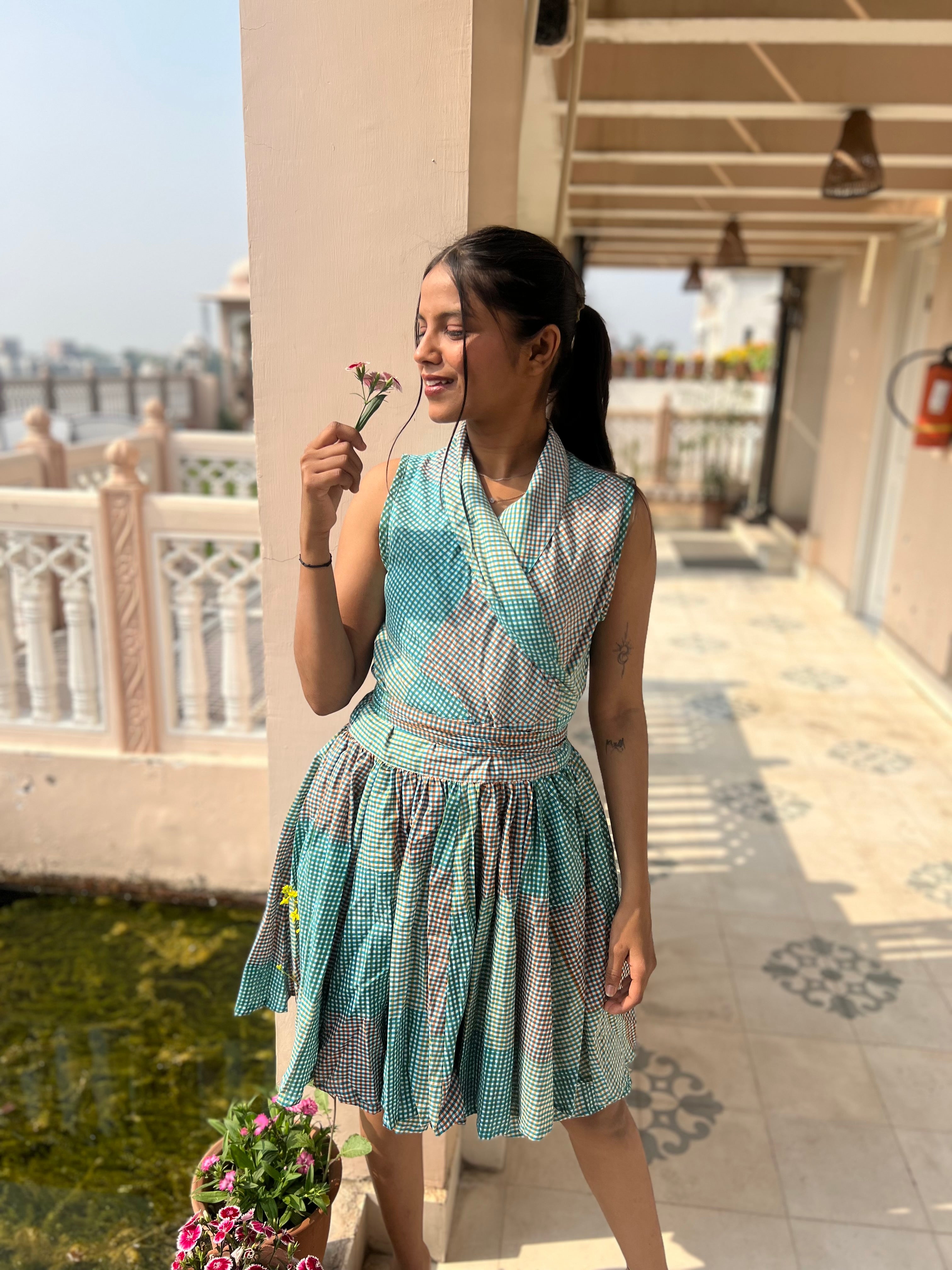 Stylish Blue Checkered Sleeveless Goa Dress - Perfect for Beach Vacations, Summer Parties & Boho Fashion