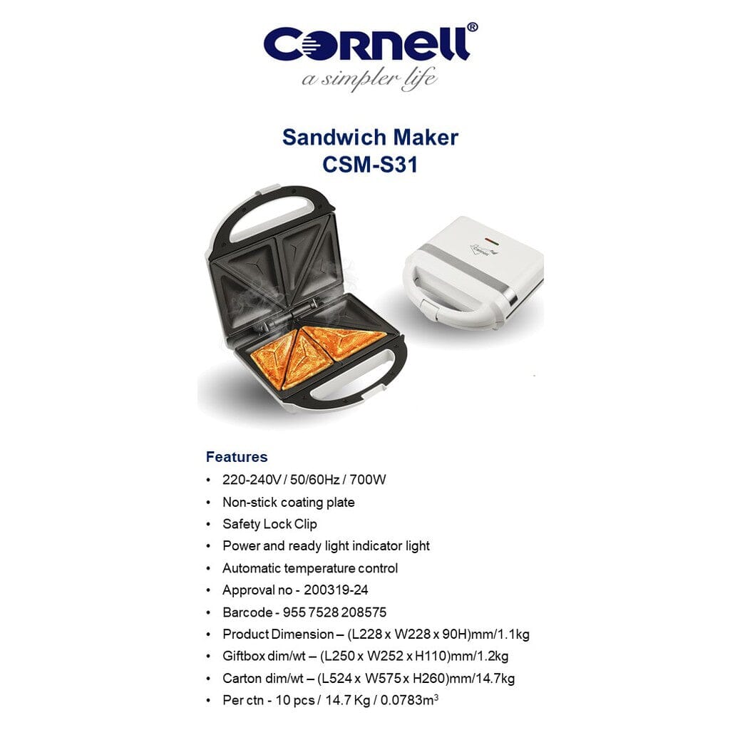 Cornell Sandwich Maker CSMS31 - 2 Slice Toaster & Panini Press for Quick & Easy Breakfast, Lunch, or Snacks - Perfect for Home, Office, or Dorm Use