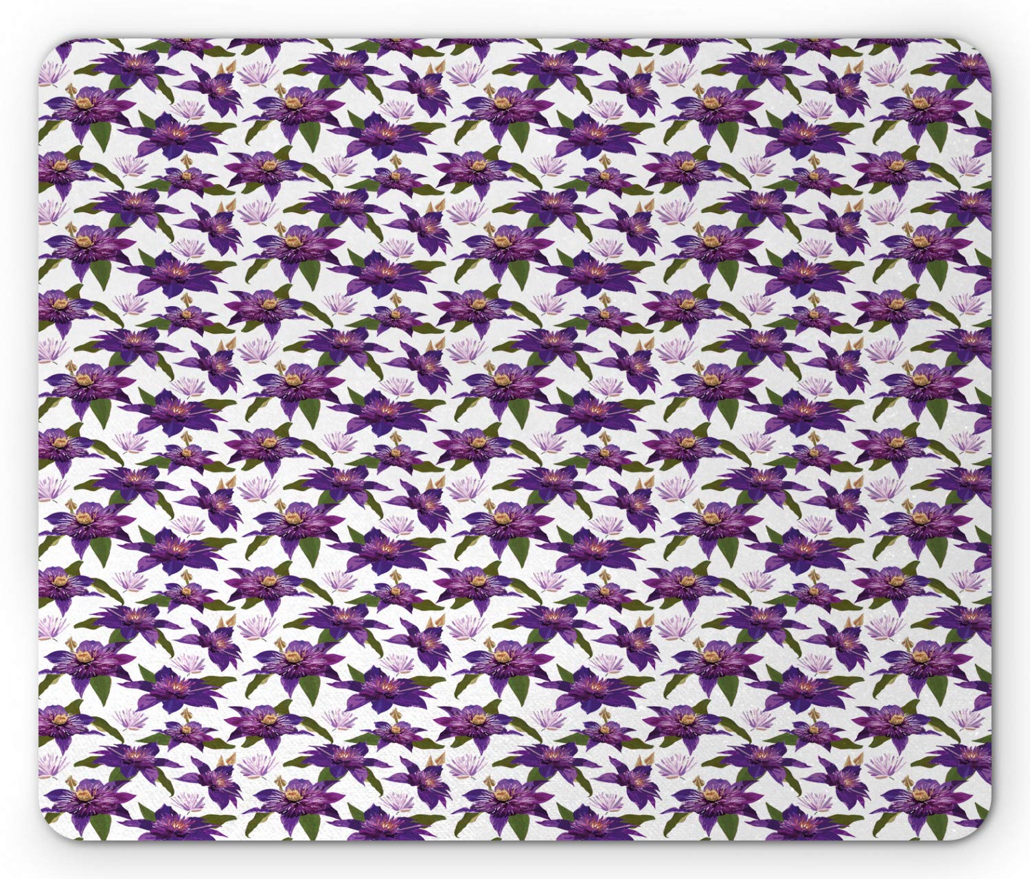Ambesonne Floral Mouse Pad - Clematis Blossoms with Green Leaves Summer Garden Design, Non-Slip Rubber Base, Standard Size Rectangle Mousepad in Purple, Dark Green & White | Perfect for Home, Office, Gaming & Computer Workstations