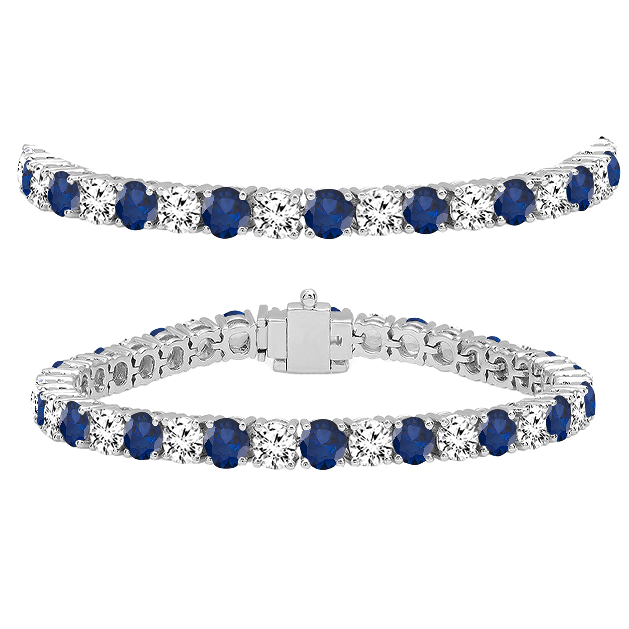 Dazzlingrock Collection 14K Solid White Gold Round Cut Real Blue Sapphire & White Diamond Tennis Bracelet for Women | Elegant Gift for Anniversary, Wedding & Special Occasions
