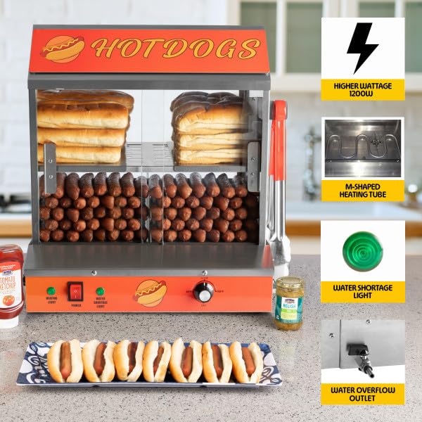 Commercial Hot Dog Steamer Machine - 34.5L Capacity, 1200W Power with Bun Warmer - Holds 175 Hot Dogs & 40 Buns - Great Northern Popcorn Hotdog Maker for Restaurants, Carnivals & Food Trucks