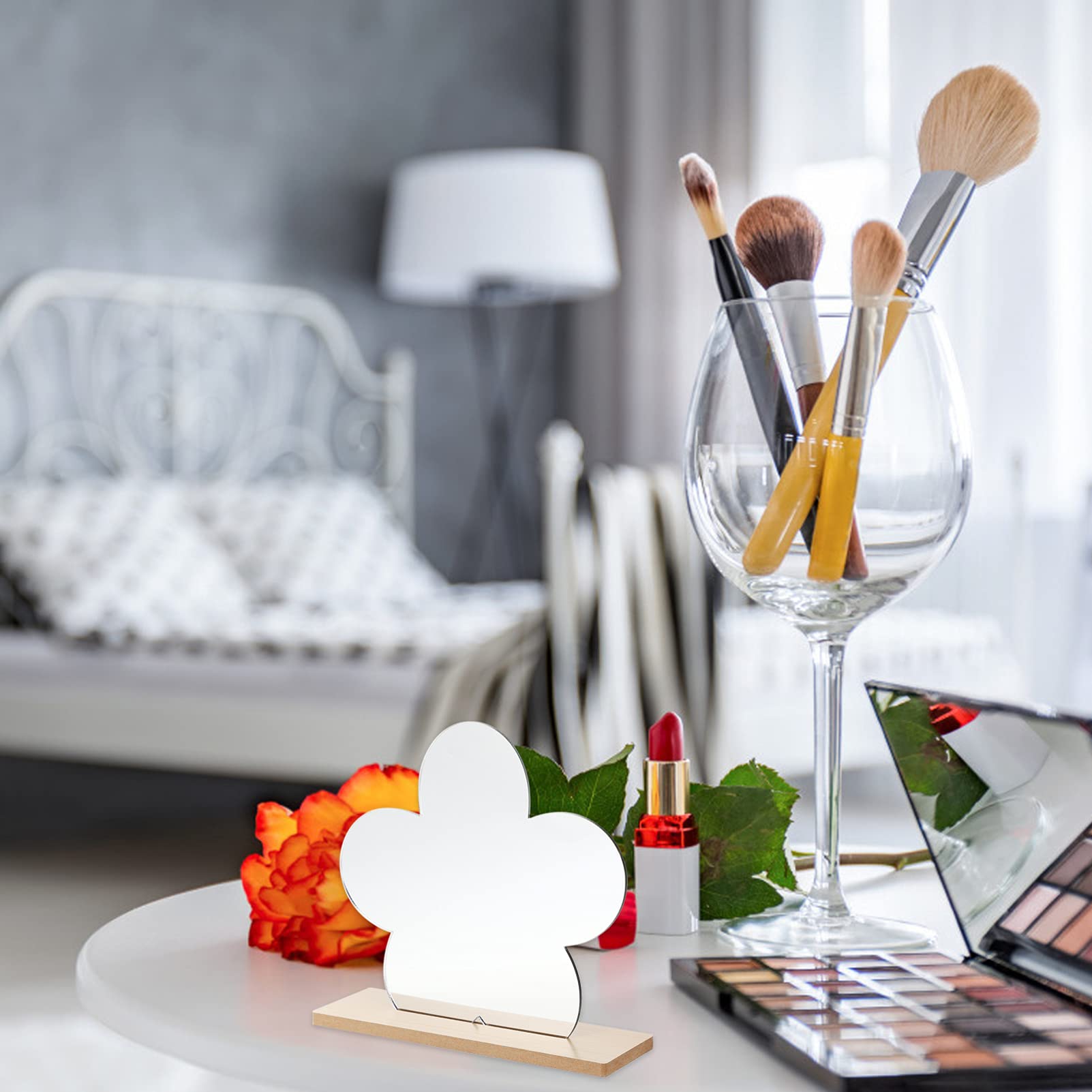 IMIKEYA Flower Shaped Vanity Mirror with Wooden Stand - Portable Tabletop Desktop Mirror for Makeup, Dressing Table, Bedroom & Bathroom - Compact Cosmetic Mirror for Women & Travel Use