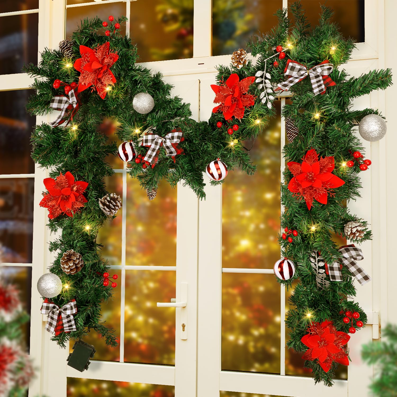9ft Pre-lit Christmas Garland with 50 LED Lights - Waterproof Battery Box for Indoor & Outdoor Holiday Decor - Perfect for Stairs, Fireplace, Front Door, Porch & Home Decorations (Batteries Not Included) | Ideal for Christmas Tree, Mantel, Window & Holiday Party Decorating
