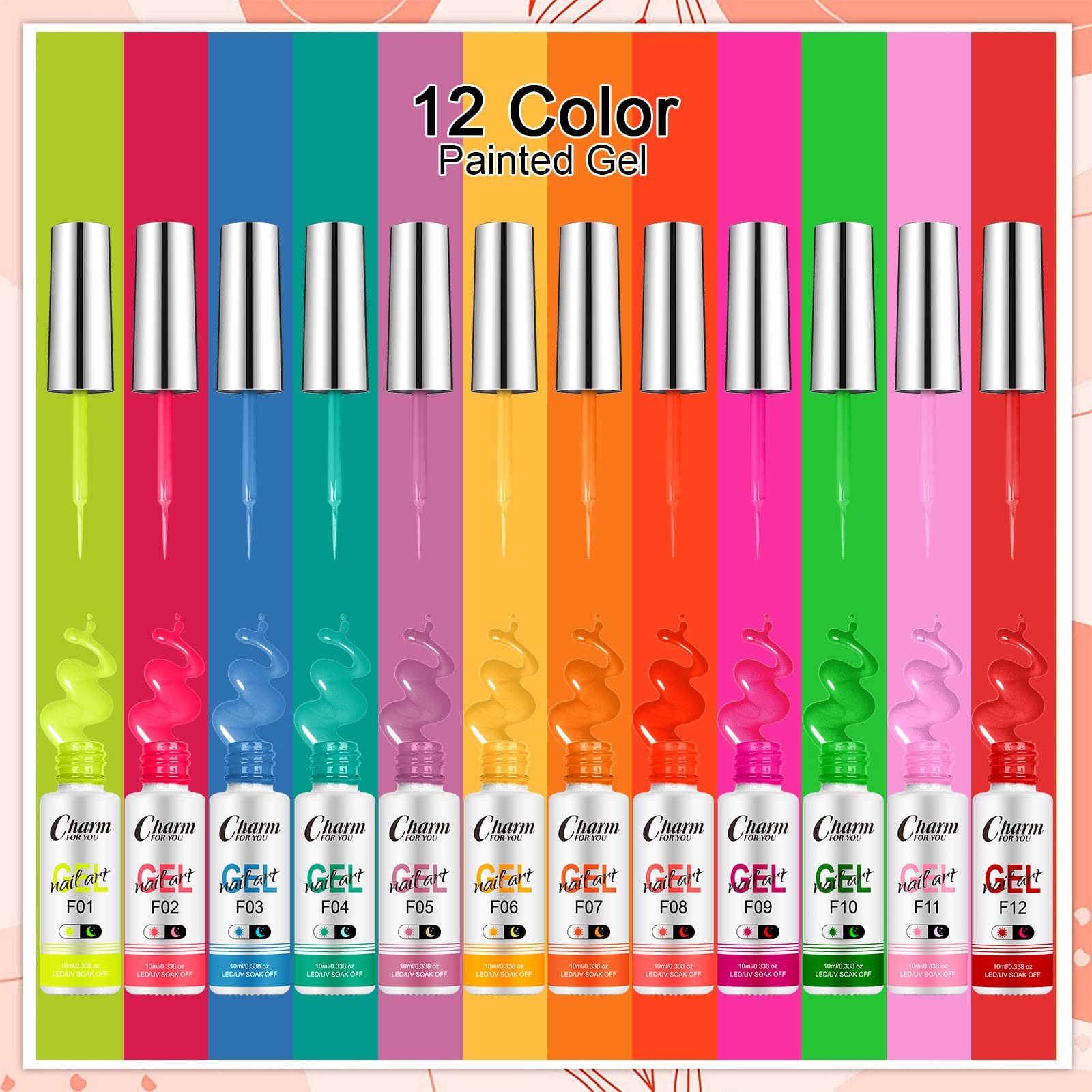 VERONNI Glow in The Dark Nail Polish Set - 12 Neon Colors UV LED Gel for Nail Art, Long Lasting Luminous Nail Design Paint (Perfect for Parties, Halloween & Night Events)