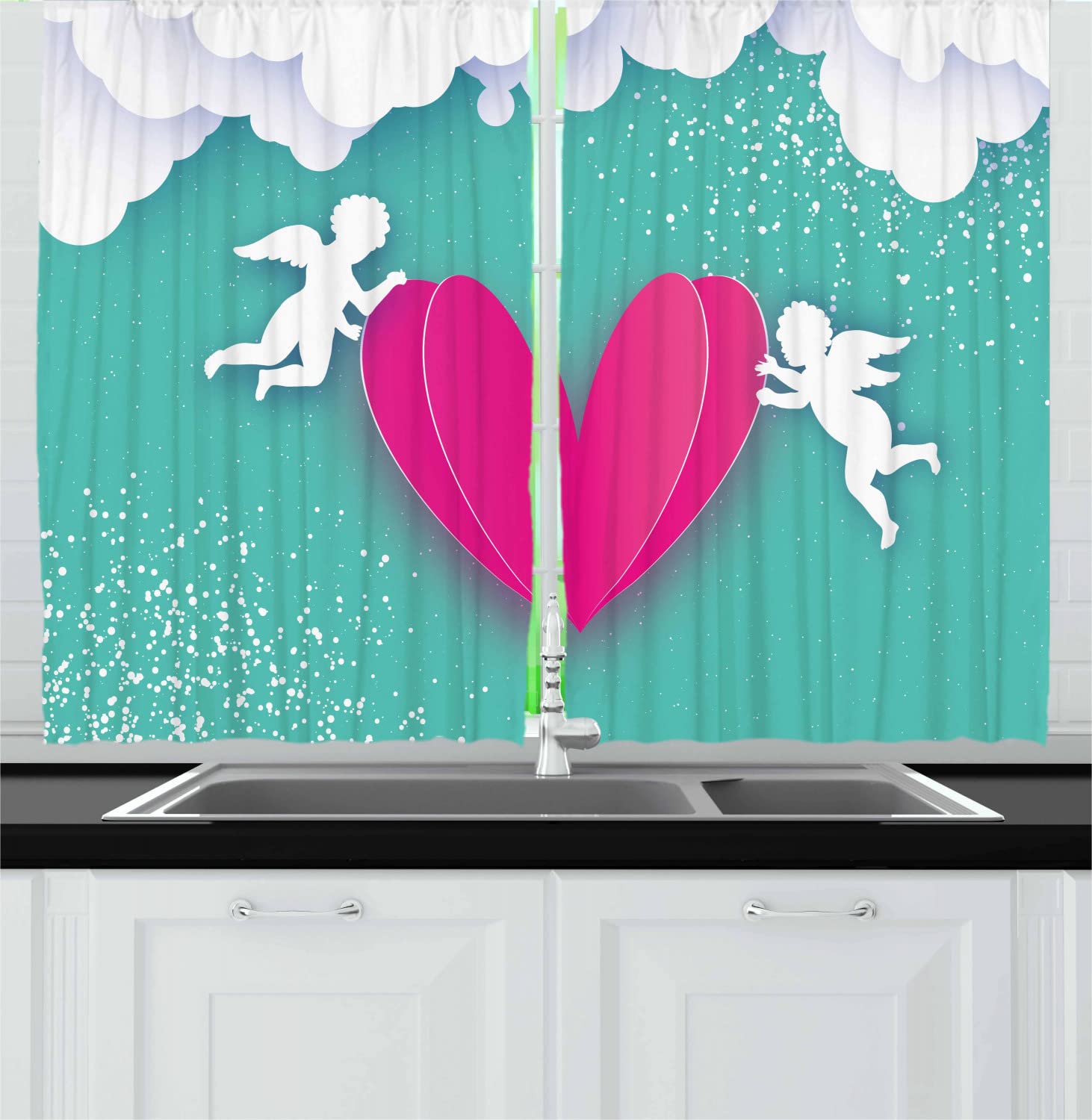 Ambesonne Angel Wings Long Kitchen Curtains - Flying Cupid with Heart Valentine's Day Design, 2 Panel Rod Pocket Drapes, 55 x 45 Inches, Turquoise Marigold - Perfect for Valentine's Decor, Kitchen Windows & Romantic Home Decor