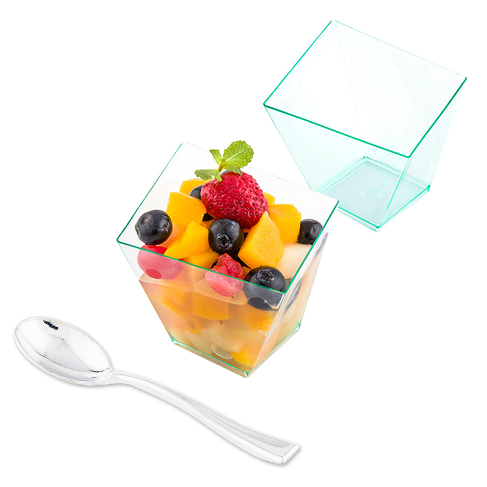 100 Pack 6 oz Square Seagreen Plastic Large Girata Dishes with 100 Silver Plastic Mini Spoons - Perfect for Party Catering, Dessert Serving, and Event Decorations