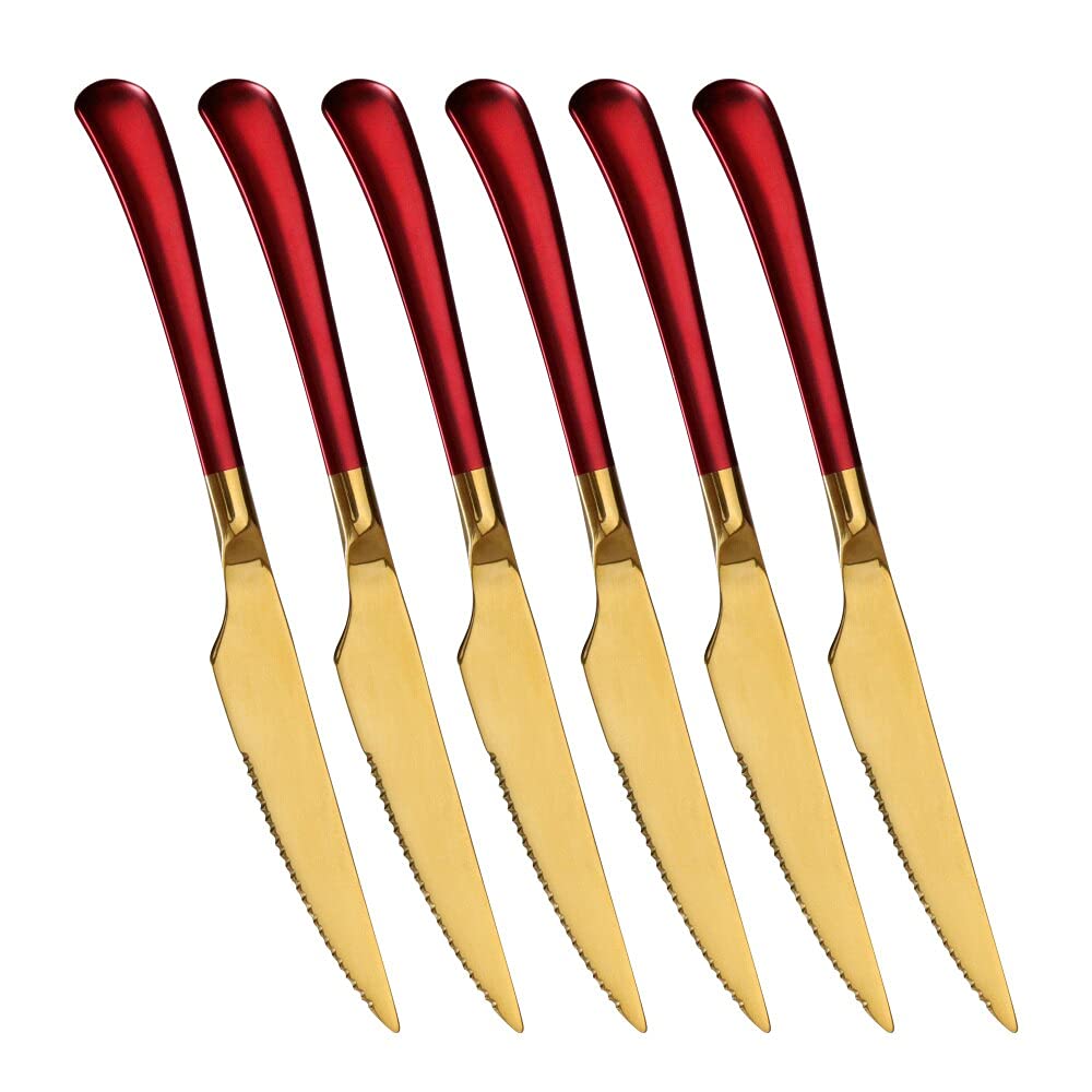Premium 6-Piece Steak Knife Set - Stainless Steel Serrated Blades, Ergonomic Handles for Effortless Cutting - Ideal for Restaurants, BBQs, Dinner Parties & Home Kitchen Use (Red Gold)