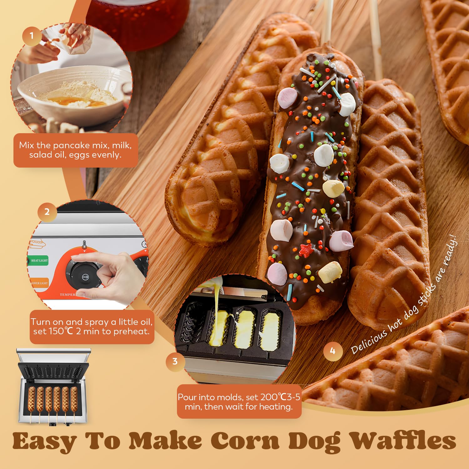 Commercial Corn Dog Waffle Maker Machine - 6 PCS 1550W Stainless Steel Waffles on a Stick Maker with 50-300℃ Temperature Control & 5-Min Timer - 110V White - Perfect for Fairs, Carnivals, Food Trucks & Home Breakfast