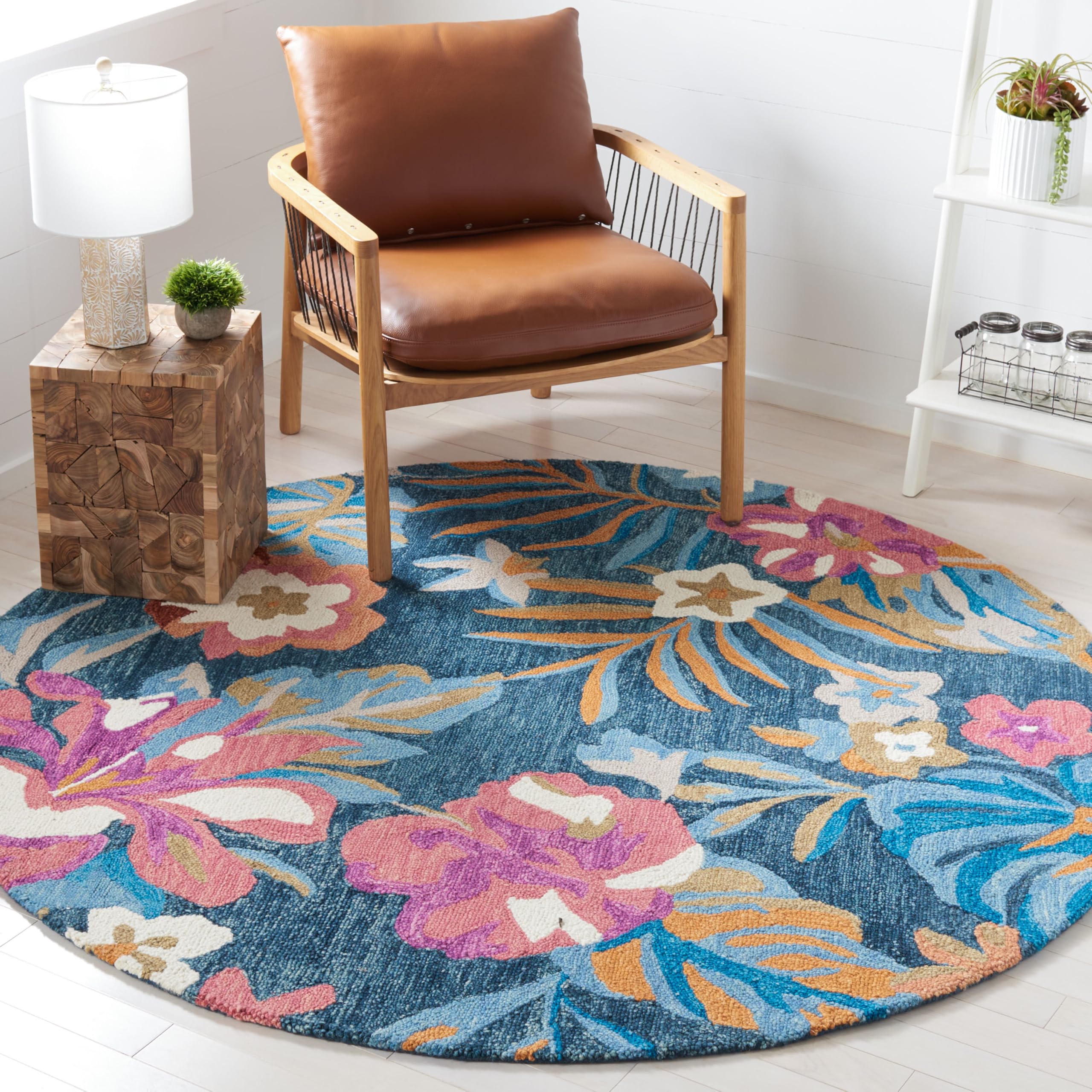 SAFAVIEH Jardin Collection 6' Round Blue & Pink Floral Wool Rug - Handmade Area Rug for Entryway, Foyer, Living Room, Bedroom & Kitchen | Soft & Durable Home Decor for High Traffic Areas