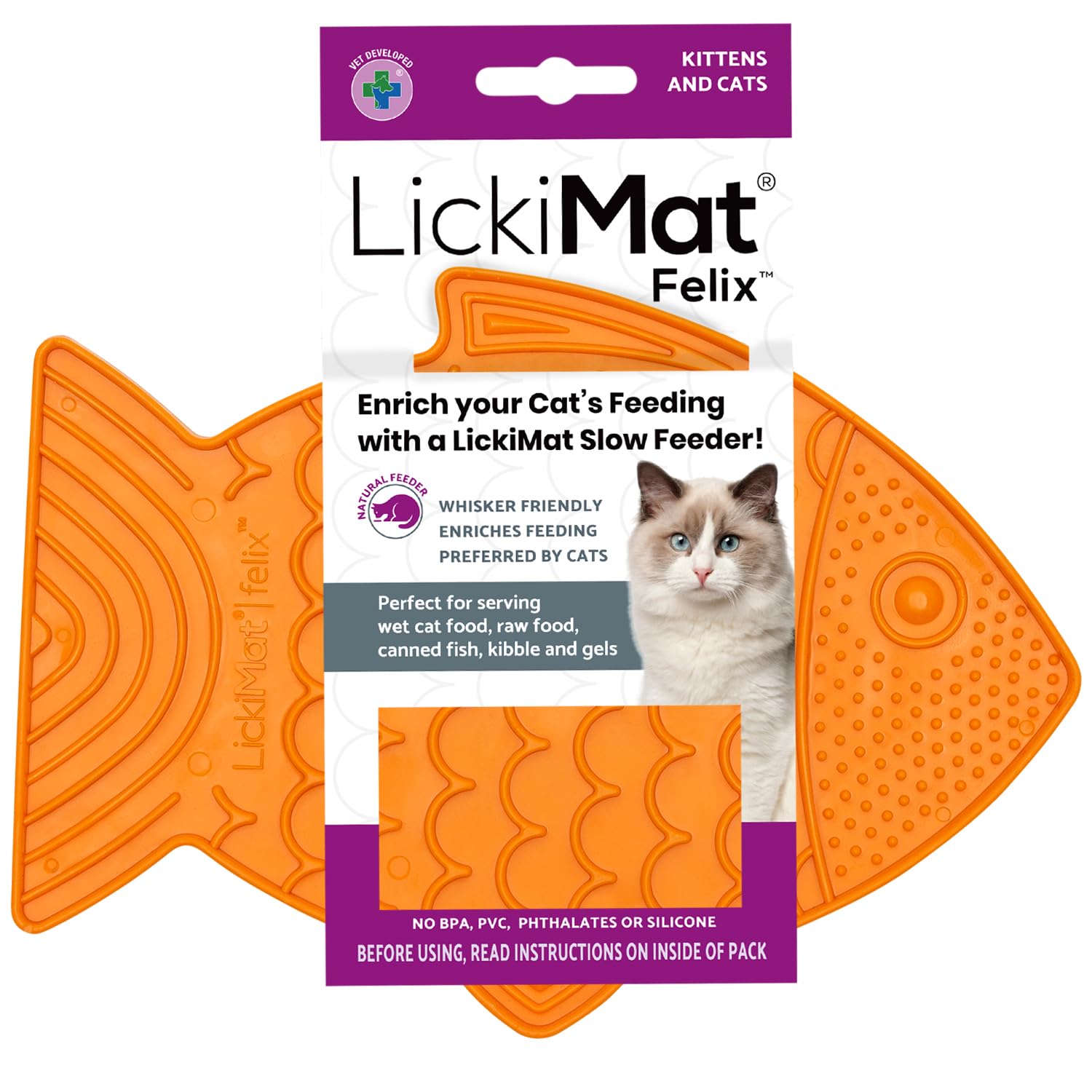LickiMat Felix Fish-Shaped Slow Feeder Cat Lick Mat - Anxiety & Boredom Relief for Cats - Perfect for Wet Food, Treats, Yogurt & Peanut Butter - Fun Alternative to Slow Feed Bowls (Orange) - Great for Mealtime Enrichment & Stress Reduction