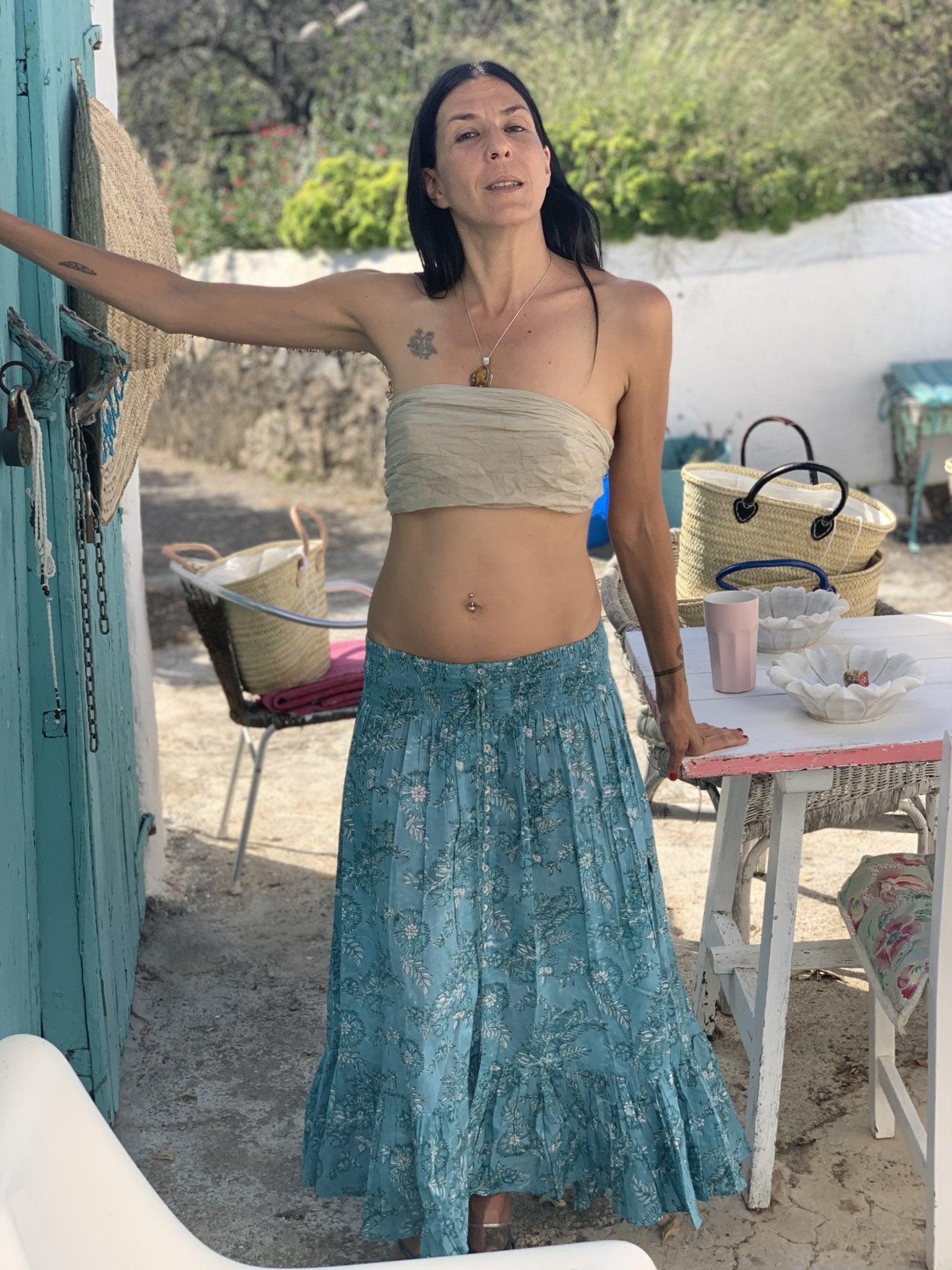 Lorenza Turquoise Block Print Skirt | Floral Printed Bohemian Maxi Skirt for Women | Perfect for Beach Vacations, Summer Outfits & Boho Fashion