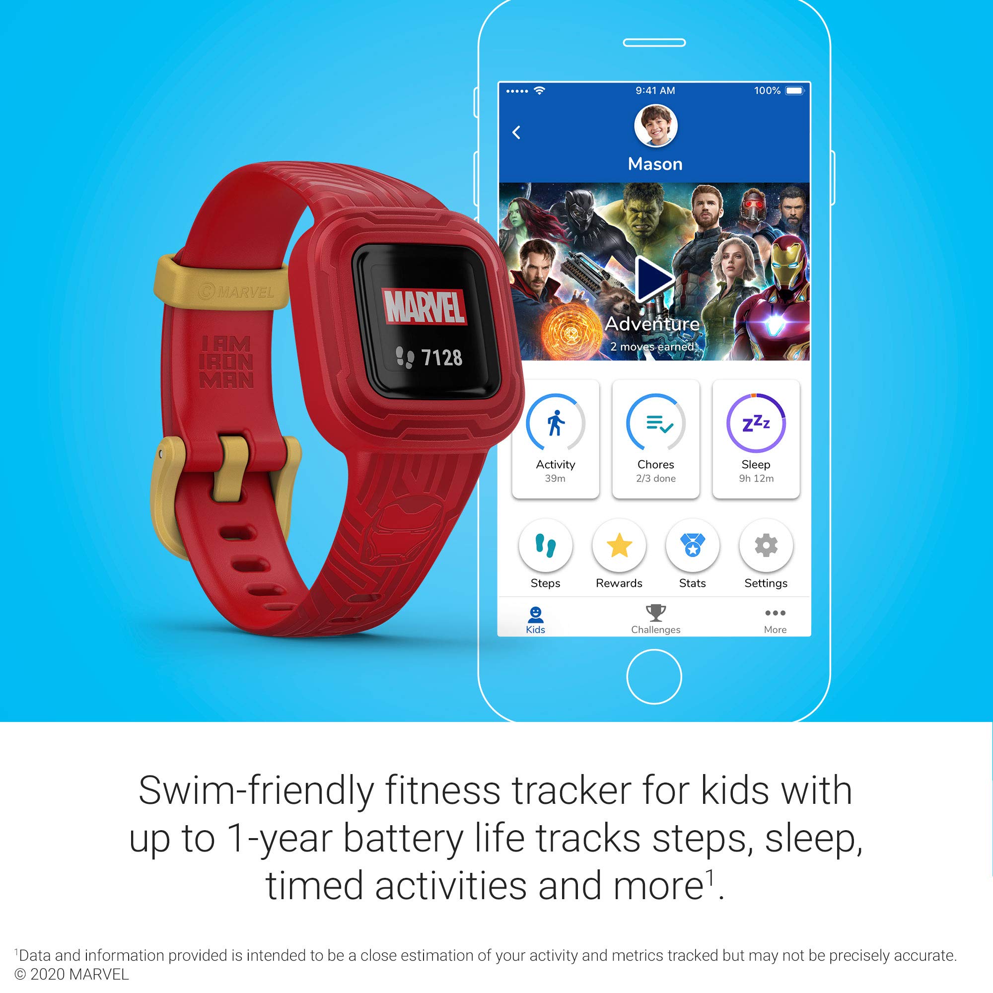 Garmin vivofit jr. 3 Kids Fitness Tracker - Waterproof Swim-Friendly Activity Watch with 1-Year Battery Life, Marvel Iron Man Design, Adjustable Band - Perfect for Swimming, School & Outdoor Adventures