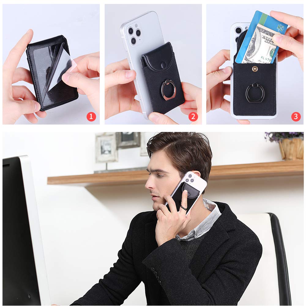 Ultra-Slim Self-Adhesive RFID Blocking Phone Wallet - Credit Card Holder with Ring Stand for iPhone & Samsung (Finger Ring Pink) | Perfect for Hands-Free Shopping, Commuting & Travel