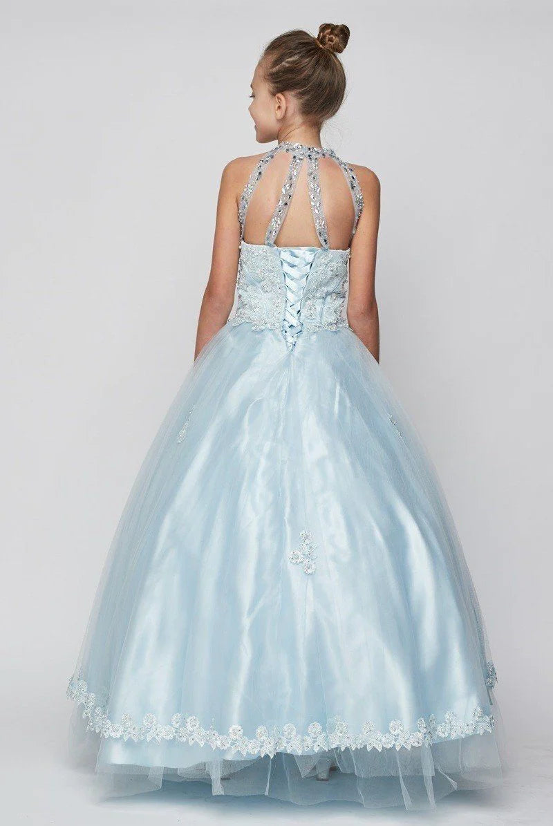 Sparkling Blue Rhinestone Pearls Halter Neck Pageant Dress for Big Girls Size 8-16 | Elegant Pageant Gown for Prom, Quinceañera, and Special Occasions