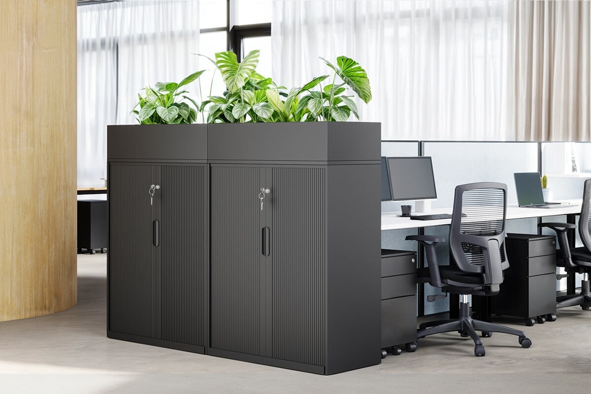 Tambour Sliding Door Storage Cabinet - Metal Organizer with Dimensions 1025H x 900W - Perfect for Home Office, Living Room, and Garage Storage Solutions