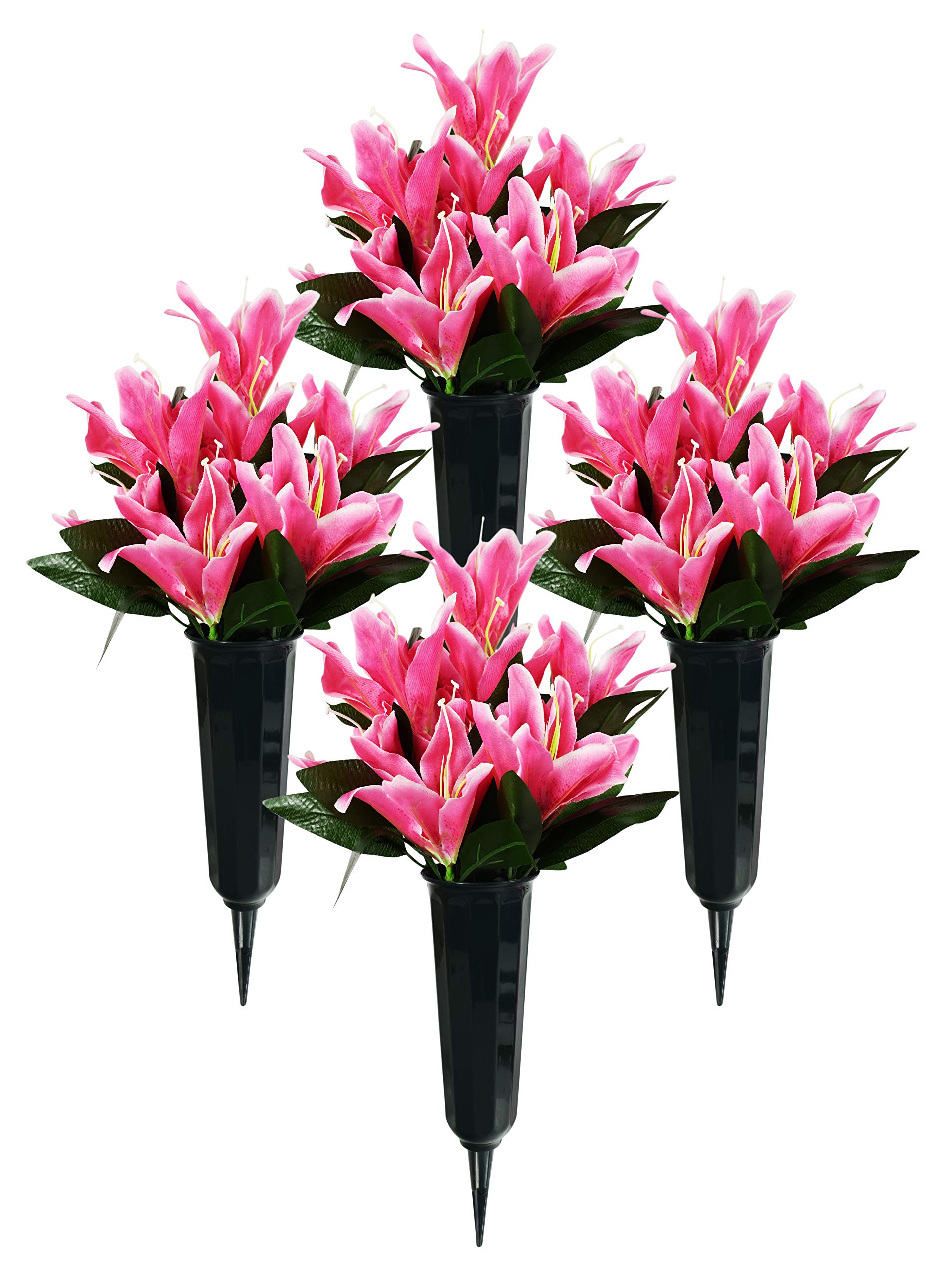 4-Pack Artificial Lily Flower Cemetery Vases - Elegant Pink & Green Memorial Vases for Graveside Decor - Perfect for Graves, Memorials & Sympathy Arrangements