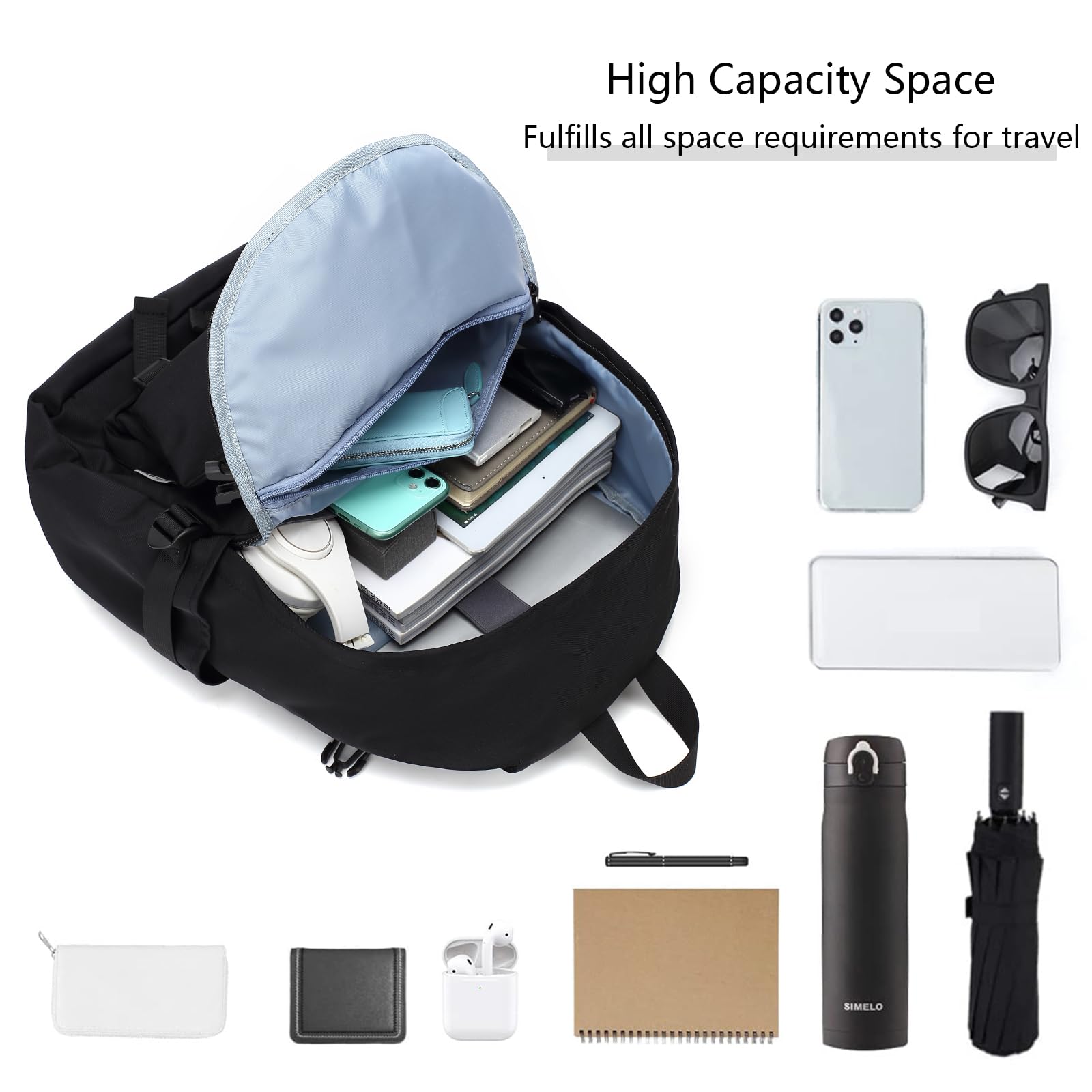 22L Water Resistant Travel Backpack for Men & Women - Lightweight Casual Daypack with Laptop Compartment - Perfect for Hiking, Commuting & College (Black)