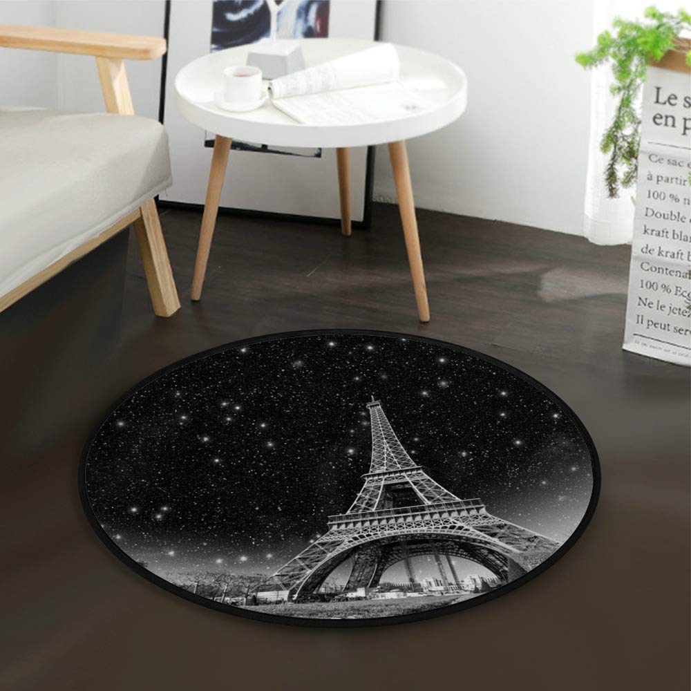 Starry Night Eiffel Tower Round Area Rug - 4' Diameter Non-Slip Polyester Floor Mat for Living Room, Bedroom, Kids Playroom & Yoga Space - Paris Themed Home Decor
