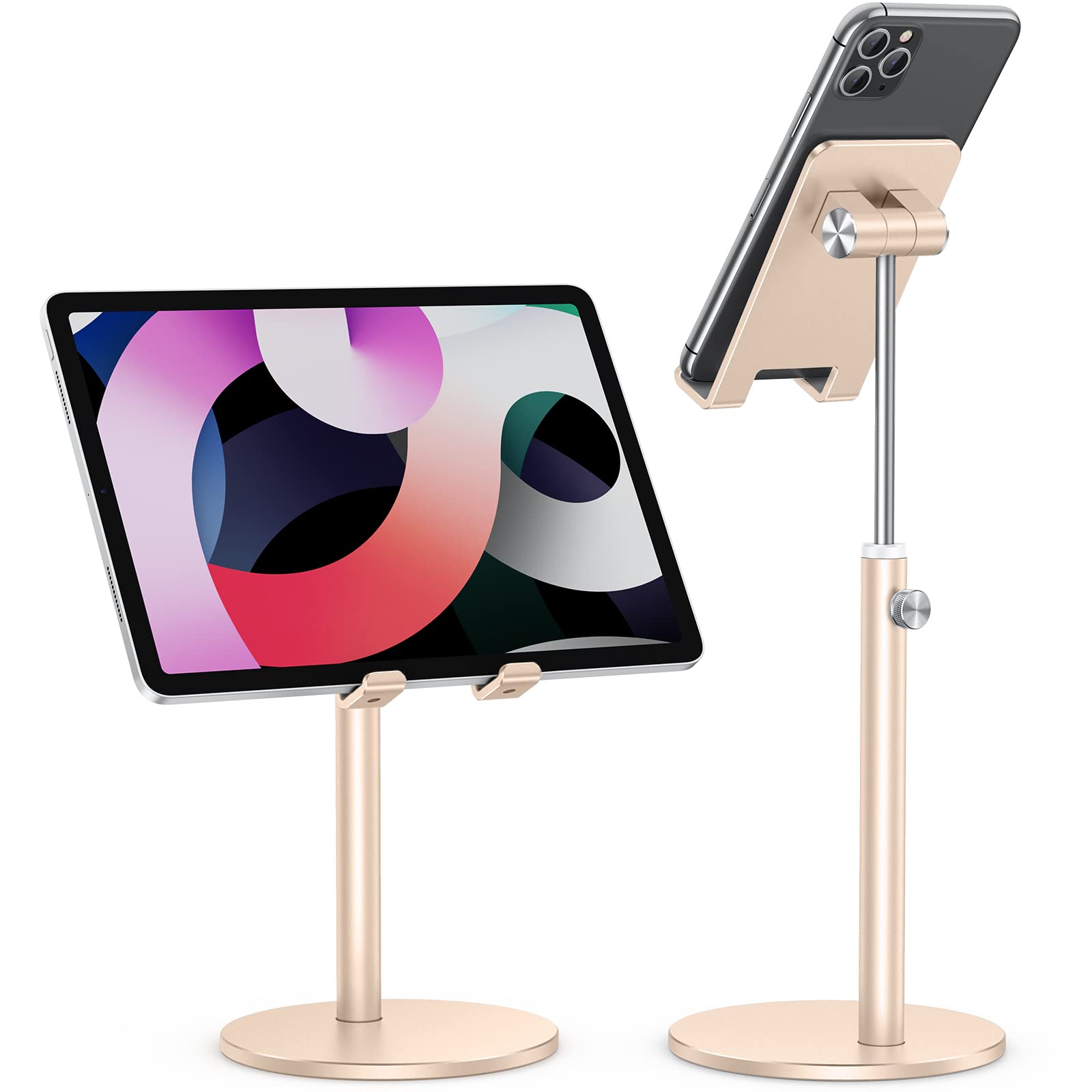 OMOTON Adjustable Aluminum Phone Stand for Desk - Gold | Compatible with iPhone 13/12/11/Pro/Max, Samsung Galaxy, All Smartphones & Tablets 4-11