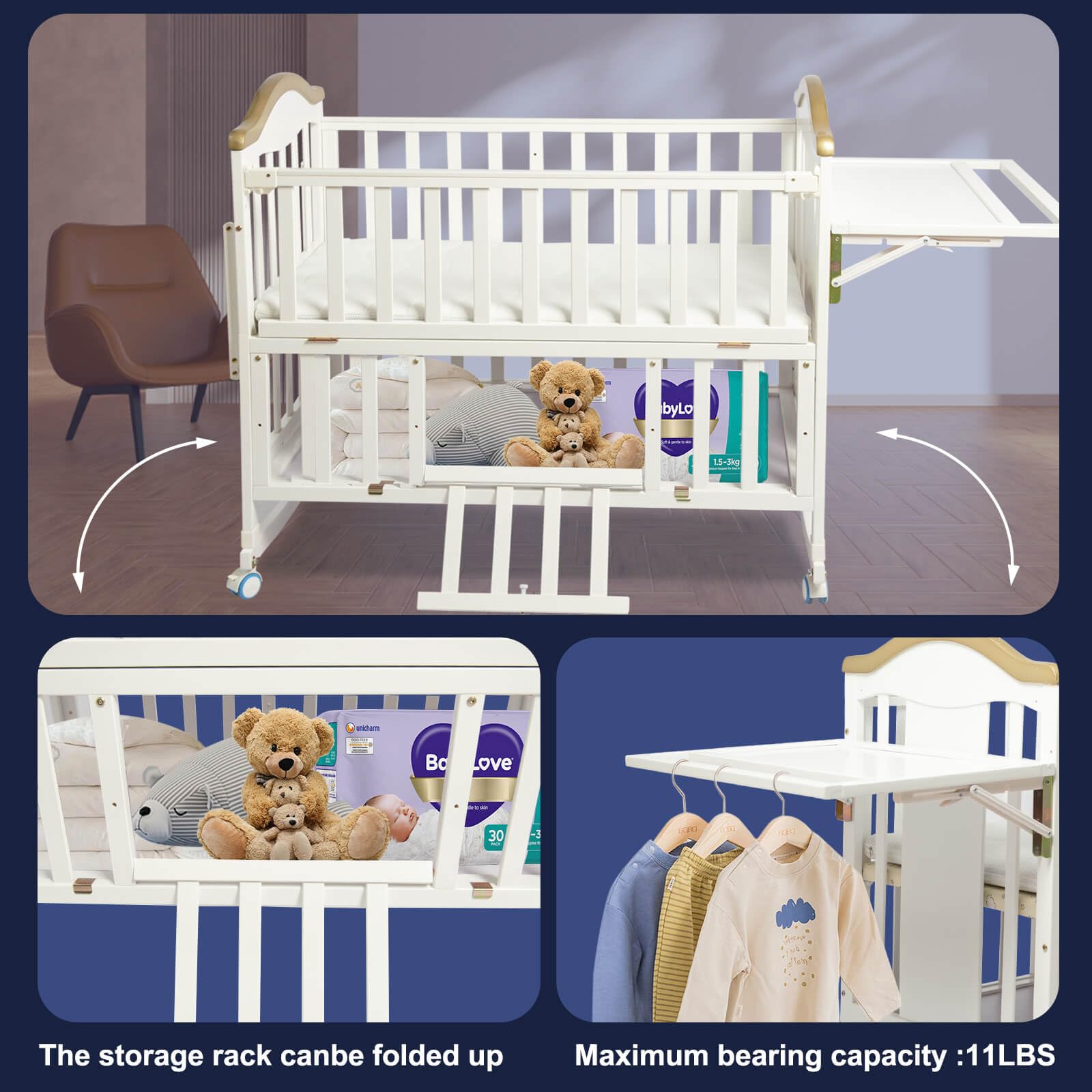 Portable Mini Baby Crib - 4-in-1 Convertible Modern Baby Bed with Foldable Storage Shelf & Mattress Included, Small Wooden Bassinet for Nursery, Bedroom & Travel, White - Perfect for Newborns, Toddlers & Space-Saving Homes