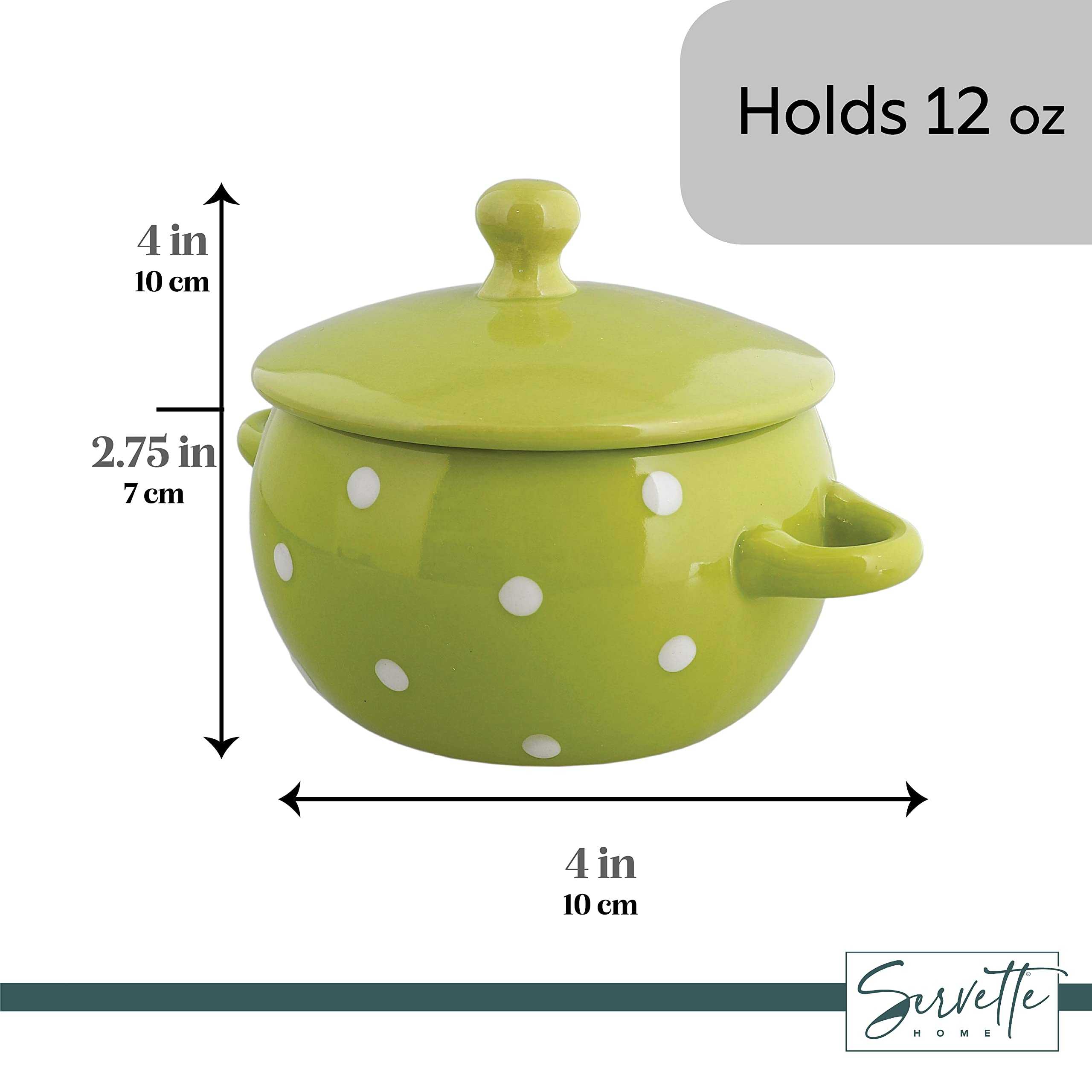 Servette Ceramic Soup Bowls with Handles and Lids - Set of 2 Polka Dot Bowls in Orange & Green - Perfect for Home Dining, Soup, Cereal, and Pasta Serving
