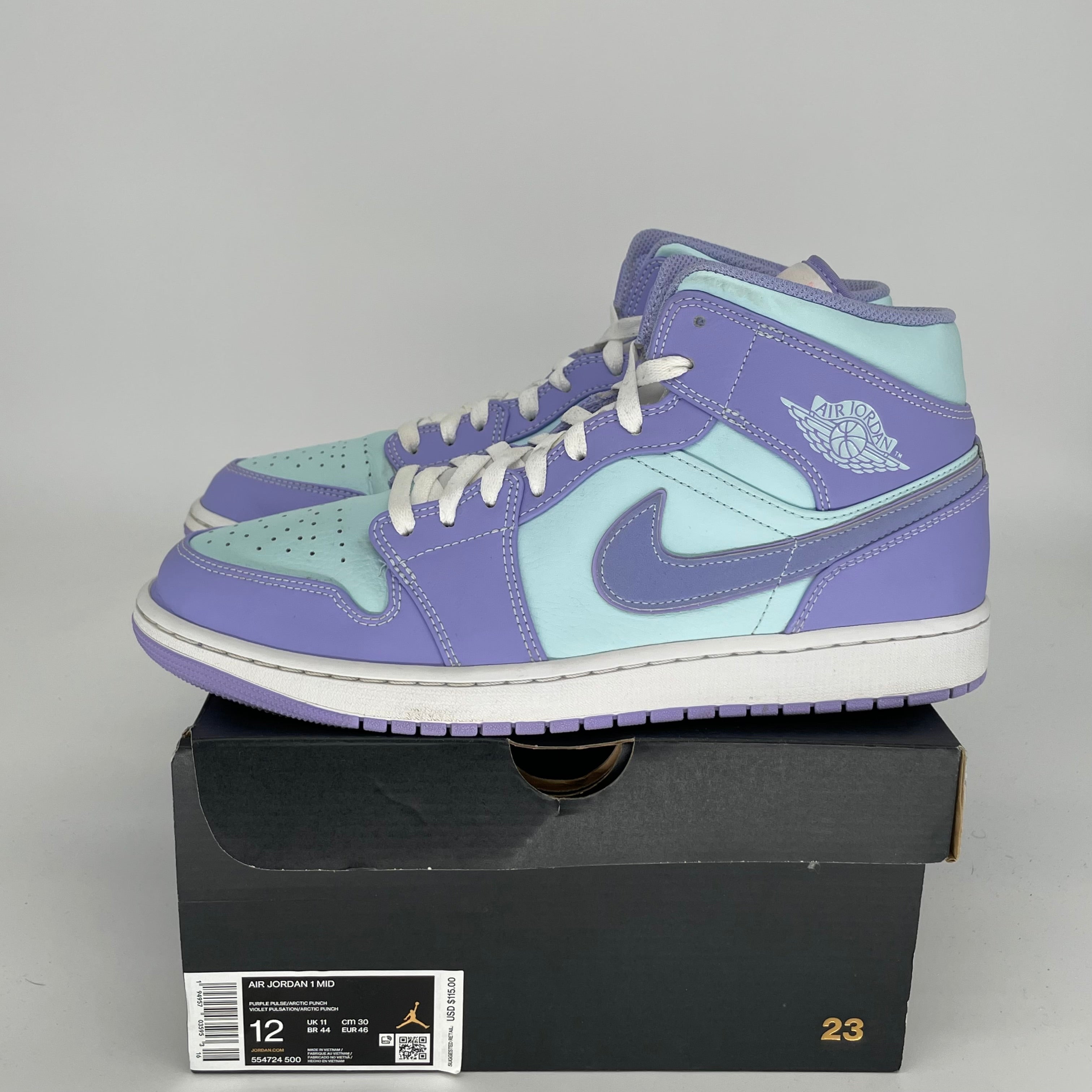 AIR JORDAN 1 MID Purple Aqua Men's Basketball Shoes Size 12 - 554724-500 | Retro Sneakers for Casual Wear & Street Fashion