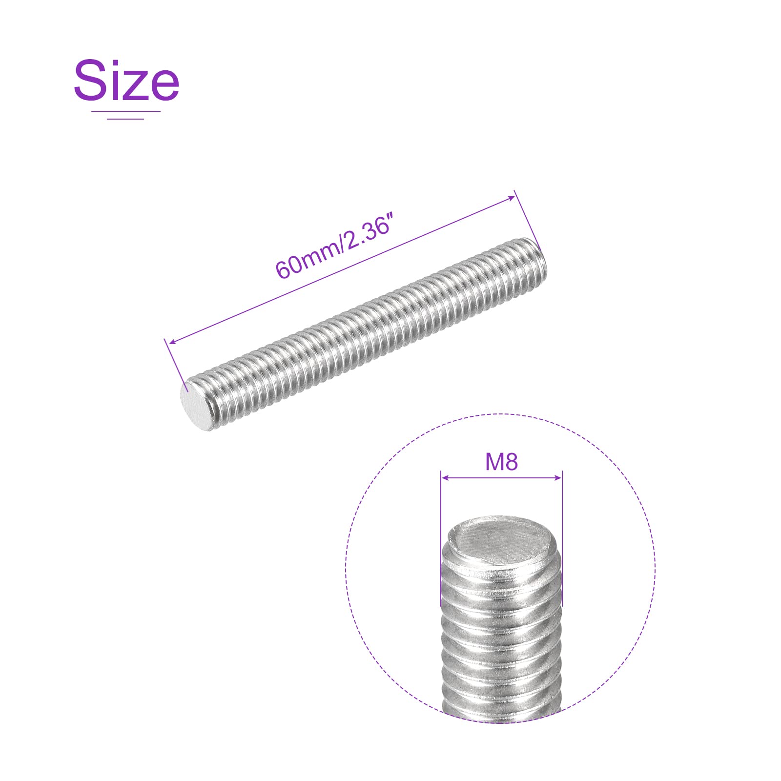 10Pack M8x60mm 304 Stainless Steel Threaded Rods - for DIY & Construction Projects