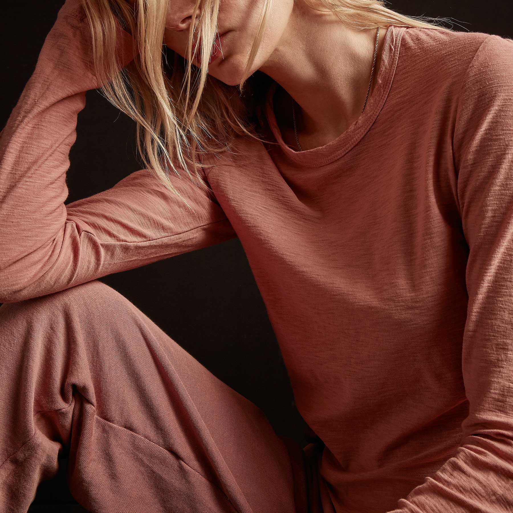 Sheer Slub Long Sleeve Crew Neck T-Shirt for Women - Soft Vintage Old Rose Blouse for Casual Wear & Layering