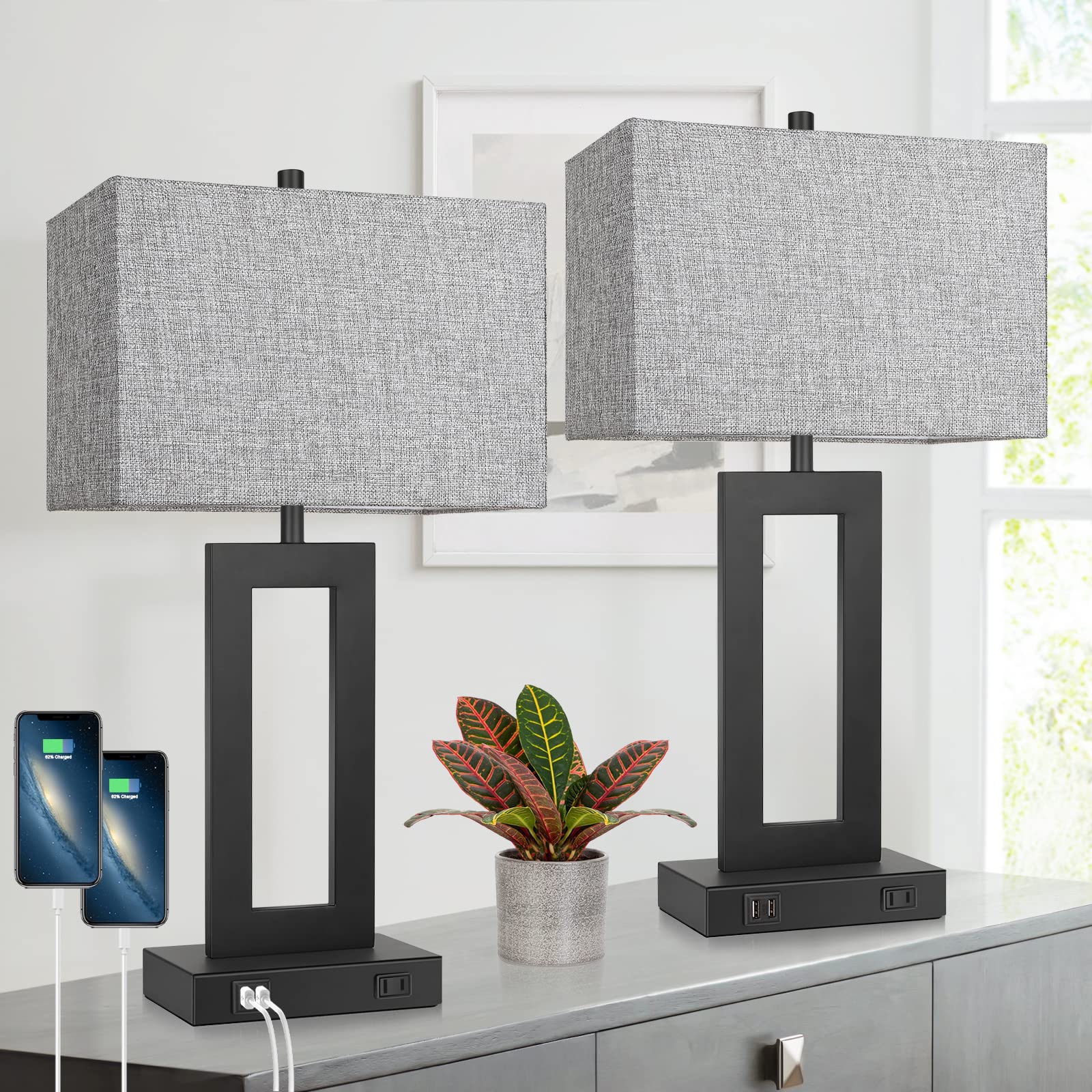 Set of 2 Modern Touch Control Table Lamps with USB Charging Ports - 22