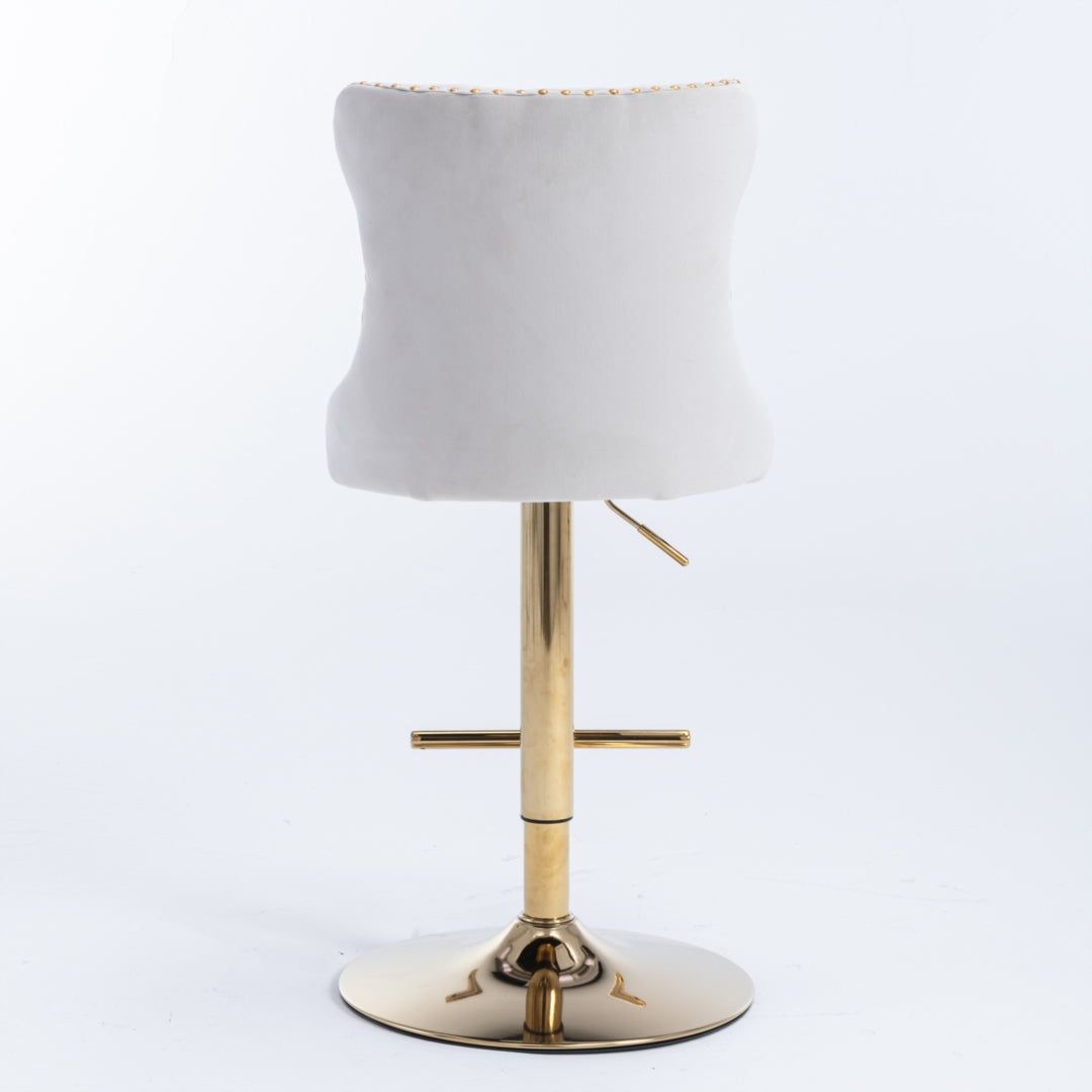 Adjustable Height Swivel Bar Stool with Footrest - Velvet Upholstery, Gold Metal Base & Studded Design - Perfect for Kitchen Islands, Home Bars & Dining Areas (Beige)