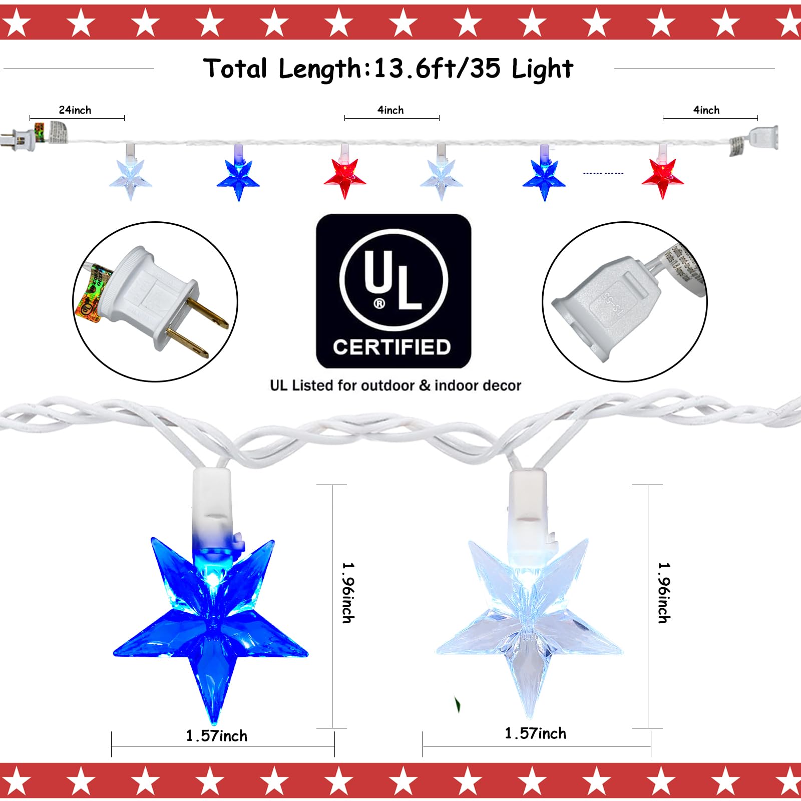4th of July Patriotic LED String Lights - 35 Red White & Blue Star Fairy Lights for Independence Day Decorations | Outdoor Memorial Day Party Lights | Perfect for Porch, Yard, and Holiday Celebrations