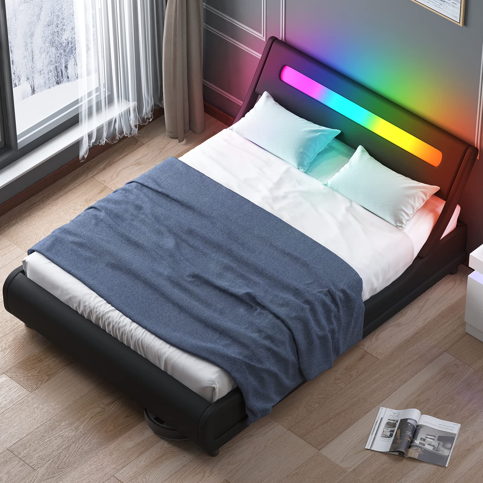 Modern LED Queen Size Bed Frame - Upholstered Platform Bed with PVC Headboard & Wooden Slats Support, No Box Spring Needed - Durable Sleigh Design for Bedroom, Guest Room, or Apartment - Black