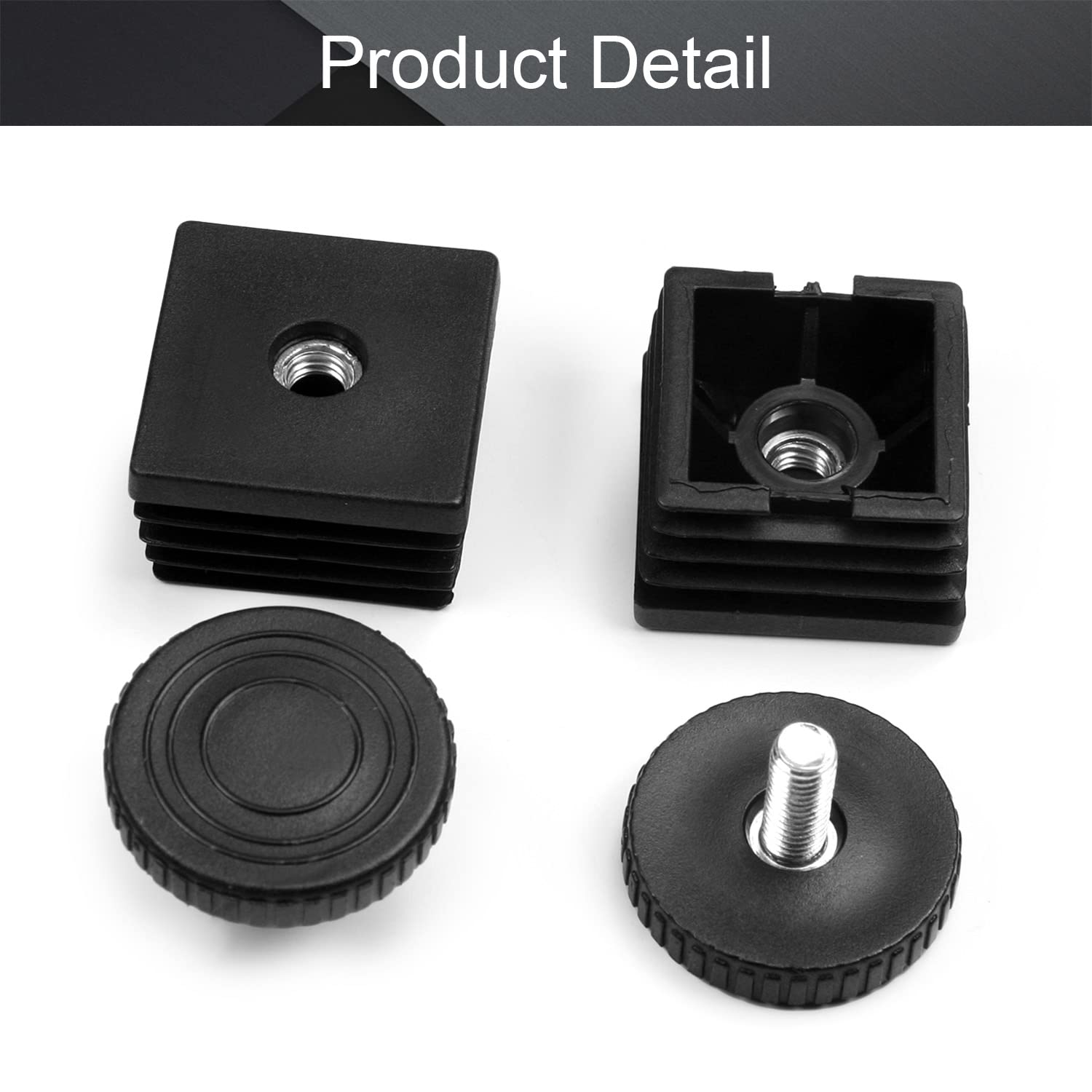MroMax 24 Sets Adjustable Leveling Feet - 40 x 40mm Plastic & Metal Square Tube Insert Kit with M8 Thread - Glide Levelers for Home Office Table, Desk Leg (Black) - Perfect for Uneven Floors & Wobble-Free Furniture Stability