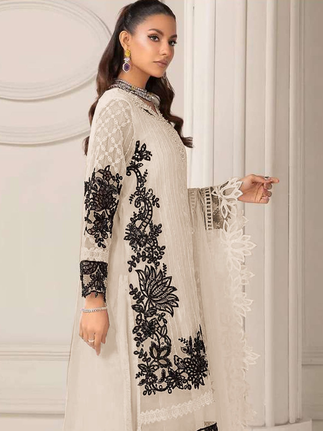 Trendy Beige Georgette Semi-Stitched Pant Suit with Embroidered Design - Perfect for Weddings, Parties & Formal Events