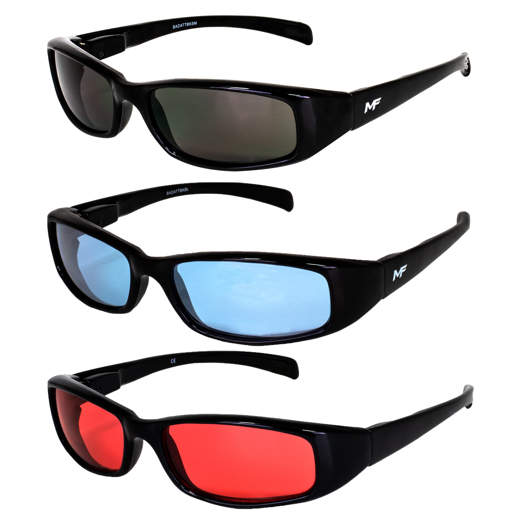 3 Pairs MF Eyewear Bad Attitude Motorcycle Glasses - Shatterproof Polycarbonate, UV400 Protection, Scratch-Resistant, Black Frame with Smoke Blue & Red Lenses - Perfect for Motorcycle Riding, Cycling, and Outdoor Sports