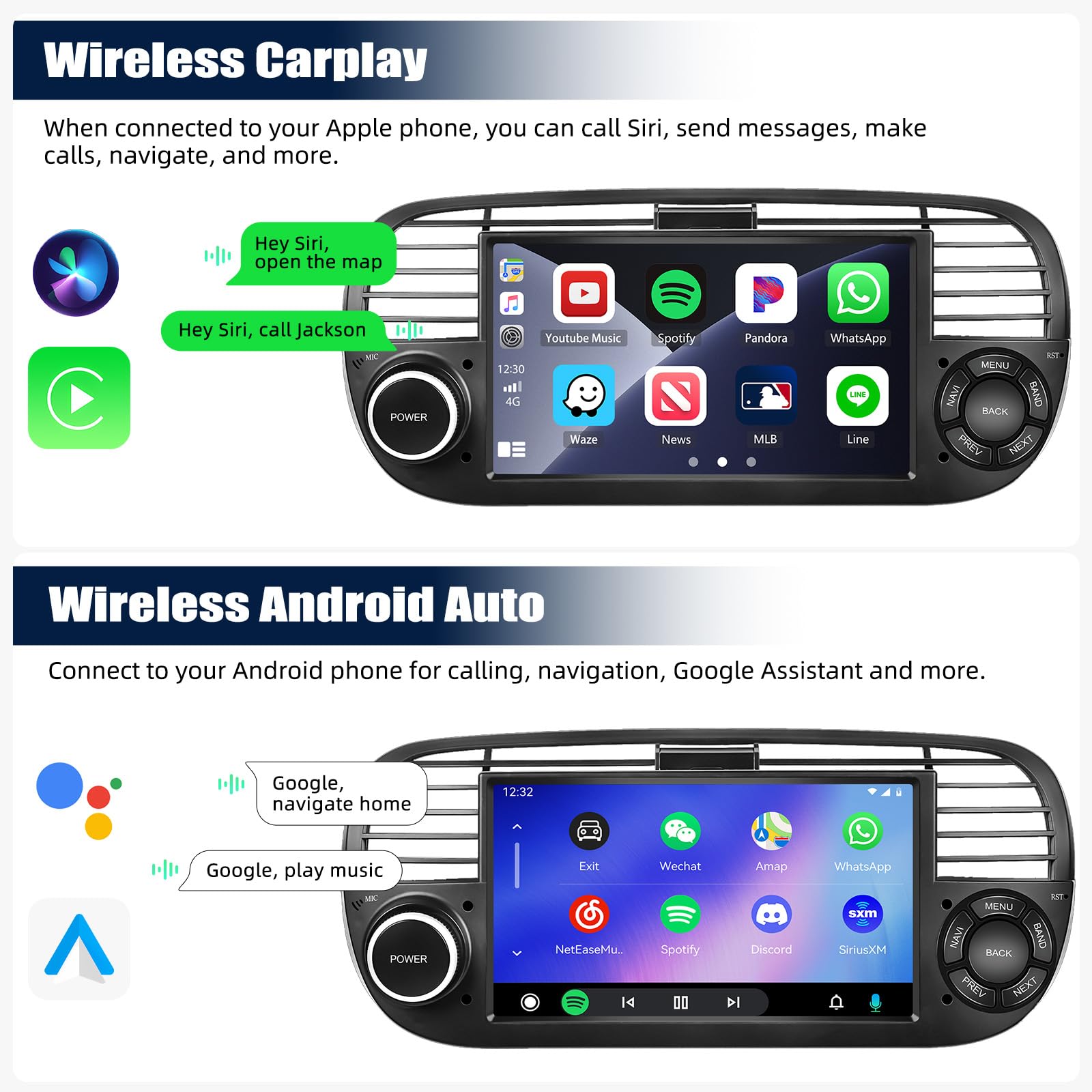 CAMECHO 7 Inch Android 13 Car Stereo for Fiat 500 2007-2015 - Wireless Apple CarPlay & Android Auto, Double Din Touchscreen with GPS Navigation, Bluetooth, HiFi Audio, WiFi, FM Radio & Rear View Camera - Perfect for Upgrading Your Car Entertainment System