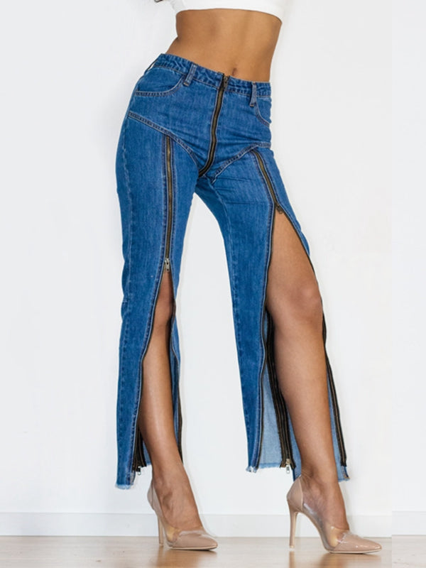 ZASUWA Women's High Waist Stretch Denim Flare Leggings with Zipper - Trendy Casual Pants for Everyday Wear, Work & Date Night Outfits