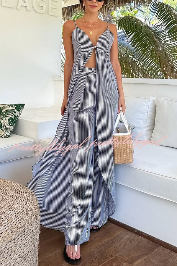 Women's Striped Print Sleeveless Long Casual Top & Loose Straight Pants Set - Summer Beach Outfit, Vacation Wear, Boho Chic Lounge Ensemble