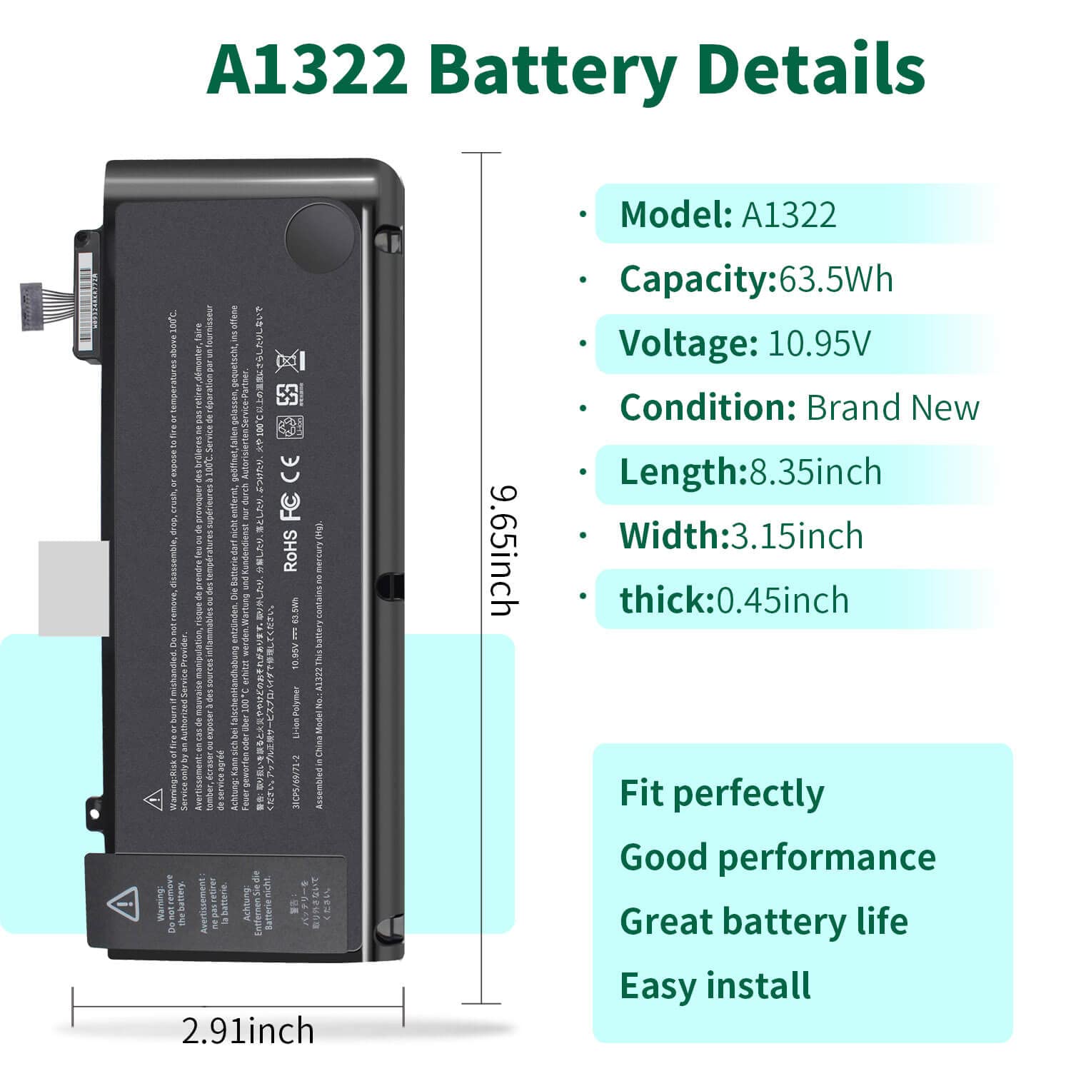 DMKAOLLK A1322 Replacement Battery for MacBook Pro 13-inch (Mid 2009, Mid 2010, Early 2011, Mid 2012) - 10.95V 63.5Wh Laptop Battery Compatible with MacBook Pro A1278 - Perfect for Work, Study & Travel