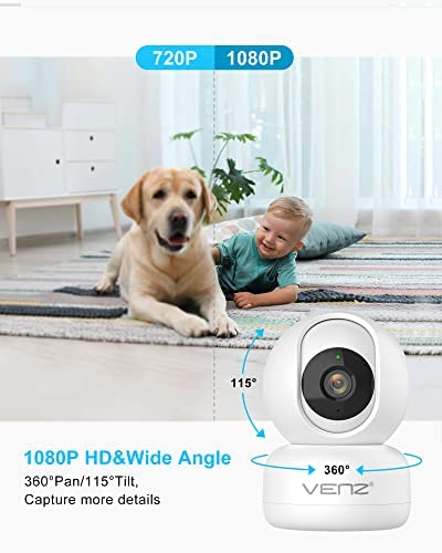VENZ 1080P Indoor Security Camera with 360° PTZ, 2.4G WiFi, Motion Detection & Tracking, 2-Way Audio, Night Vision - Pet/Baby Monitor with Phone App, Cloud/SD Storage (2 Pack) for Home, Nursery & Pet Safety