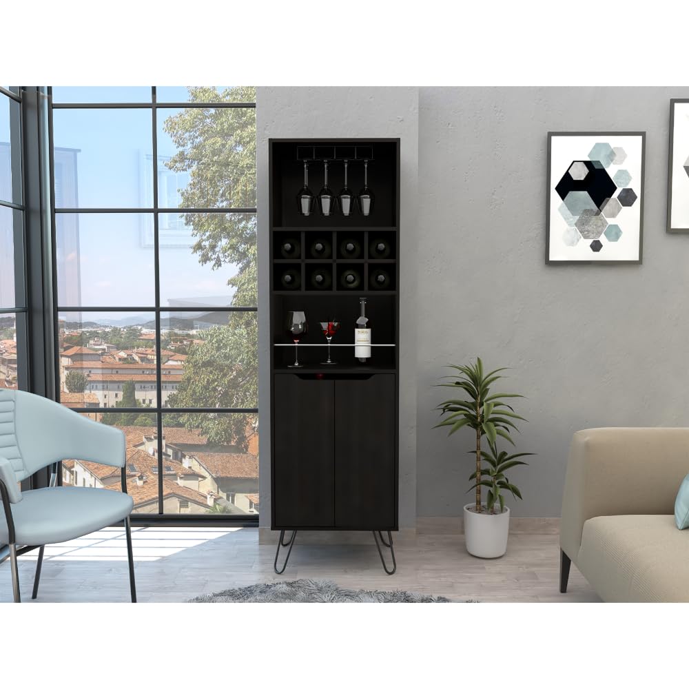 Tuhome Manhattan L-Shaped Bar Cabinet with 8 Built-In Wine Racks & 2 Single-Door Storage Cabinets - Black | Perfect for Home Bars, Dining Rooms & Entertaining Spaces