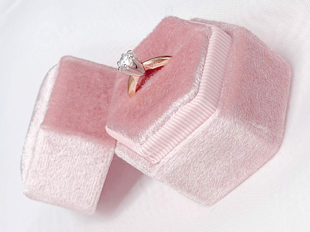 Vintage Velvet Hexagon Engagement Ring Box - Single Slot Proposal Ring Holder for Bride, Handmade Wedding Ring Bearer Box, Rose Pink Velvet Jewelry Gift Box - Perfect for Proposals, Weddings & Anniversaries