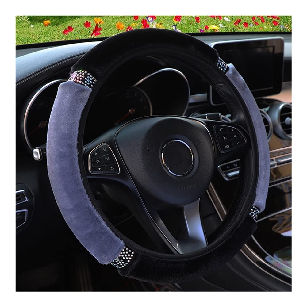 Universal Soft Plush Rhinestone Car Steering Wheel Cover - 37-38cm Diameter, Black Gray - Luxury Interior Accessories for Comfort & Style - Perfect for Sedans, SUVs, and Trucks - Enhances Grip & Protects Steering Wheel