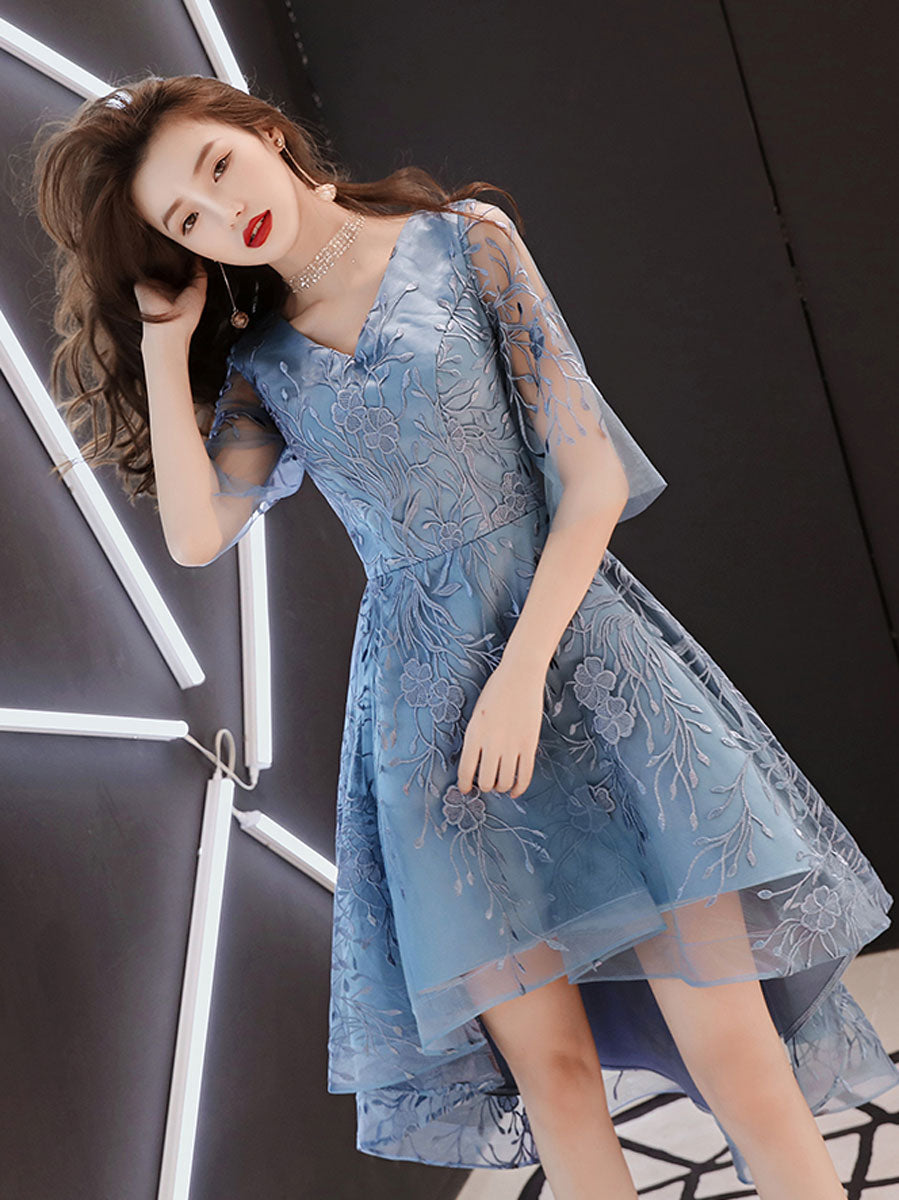 Elegant Blue V-Neck Tulle Lace Prom Dress with High Neckline - Perfect for Homecoming, Formal Dances & Special Occasions